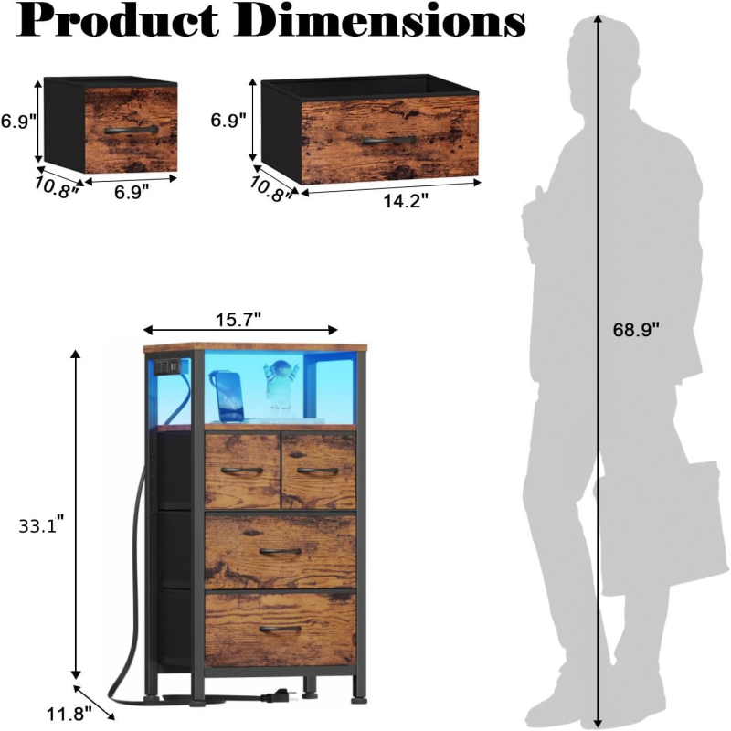 Furnulem Tall LED Dresser with Charging Station and Multi-Drawers