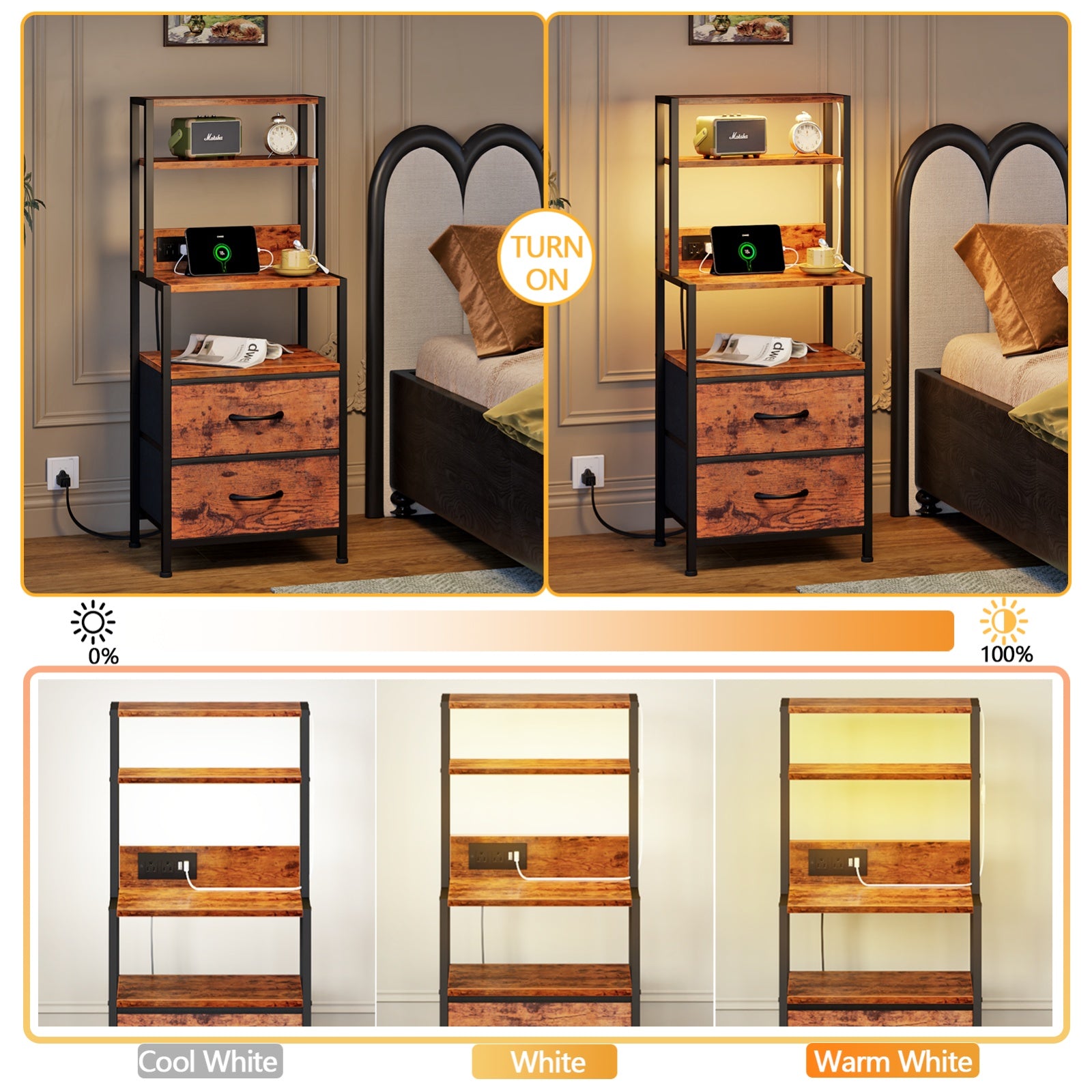 Furnulem Night Stand, Tall Nightstand with 4-Tier Shelves, 2 Fabric Drawers and Light Tube, Bed Side Tables with Charging Station, Bedside Table for Bedroom, Office, Rustic Brown