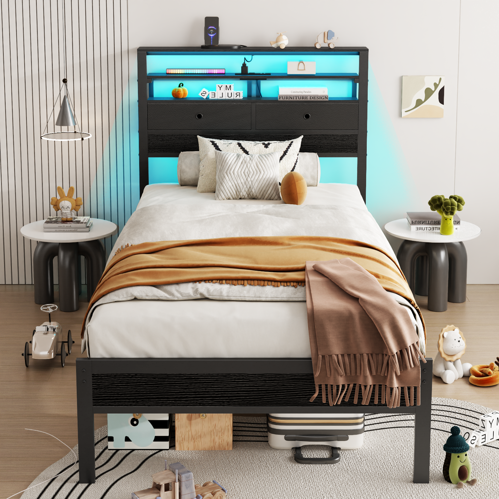 Furnulem Bed Frame with 2 Storage Drawers Headboard LED Charging Station Black oack