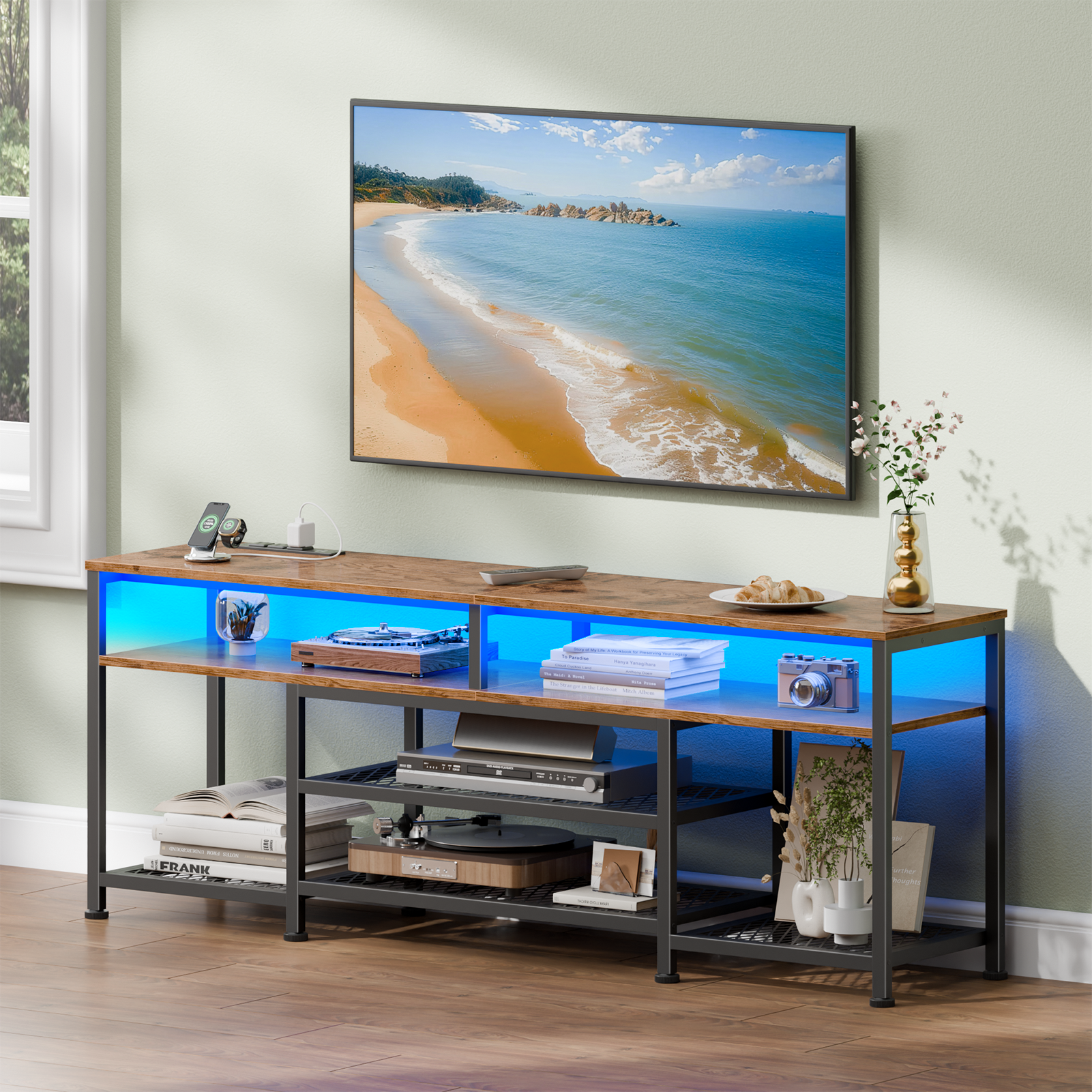 63 Inch Rustic Brown TV Stand with Charging Station LED Lights Entertainment Center for TVs up to 70 Inch Media Console Storage Shelves Living Room