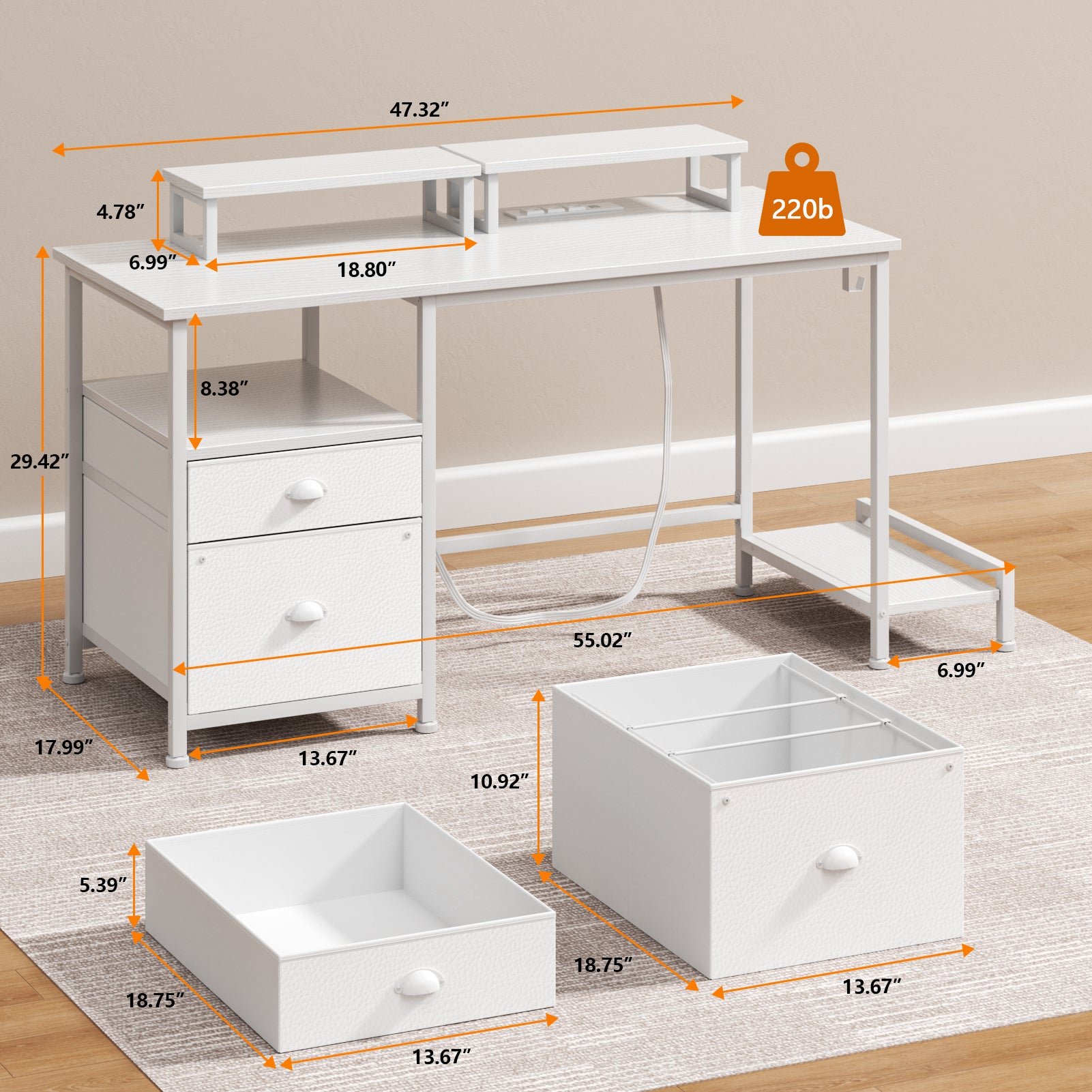 47 Inch White Computer Desk with Charging Station File Cabinet Home Office Gaming Desk 2 Monitor Stands Storage Drawer Shelves Writing Table Bedroom
