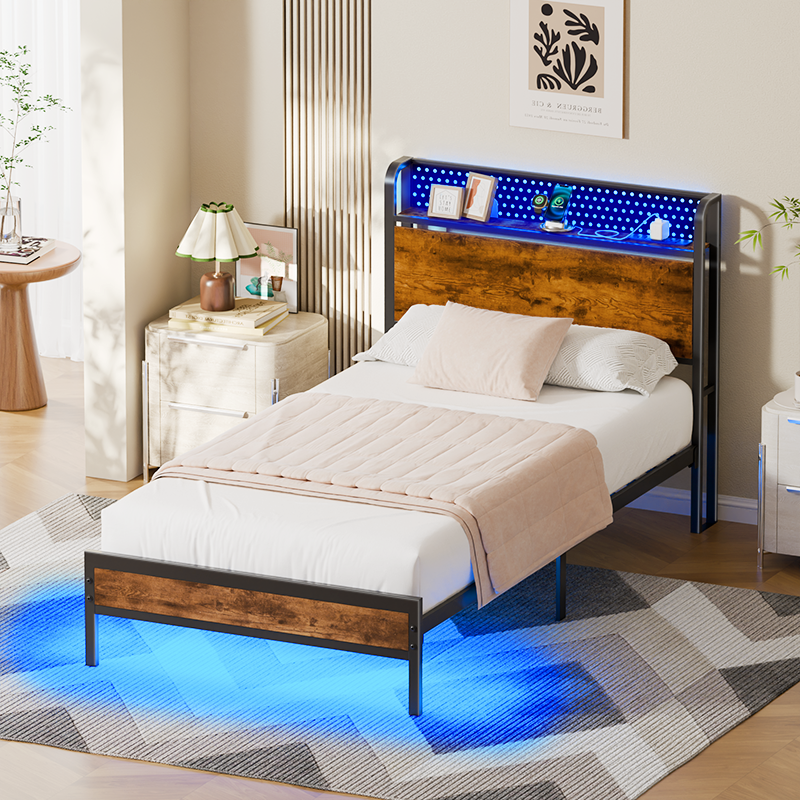 Twin Size Platform Bed Frame Storage Headboard LED Lights Charging Station Industrial Metal Wood Heavy Duty No Box Spring Needed Kids Dorm USB