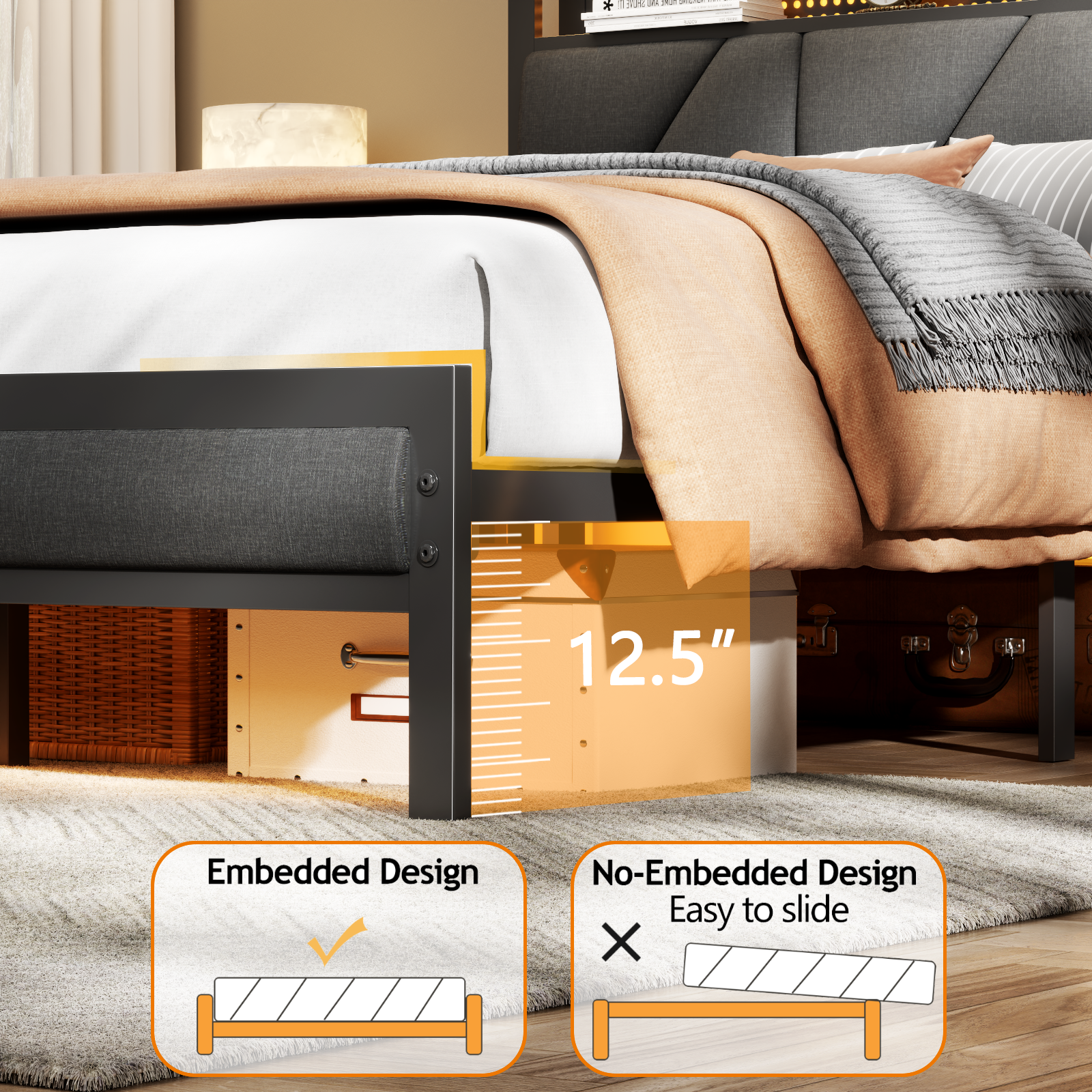 Furnulem Full Size Bed Frame with Grey Upholstered Storage Headboard with Shelf Metal Platform Bed with Heavy Duty Slats No Box Spring Needed