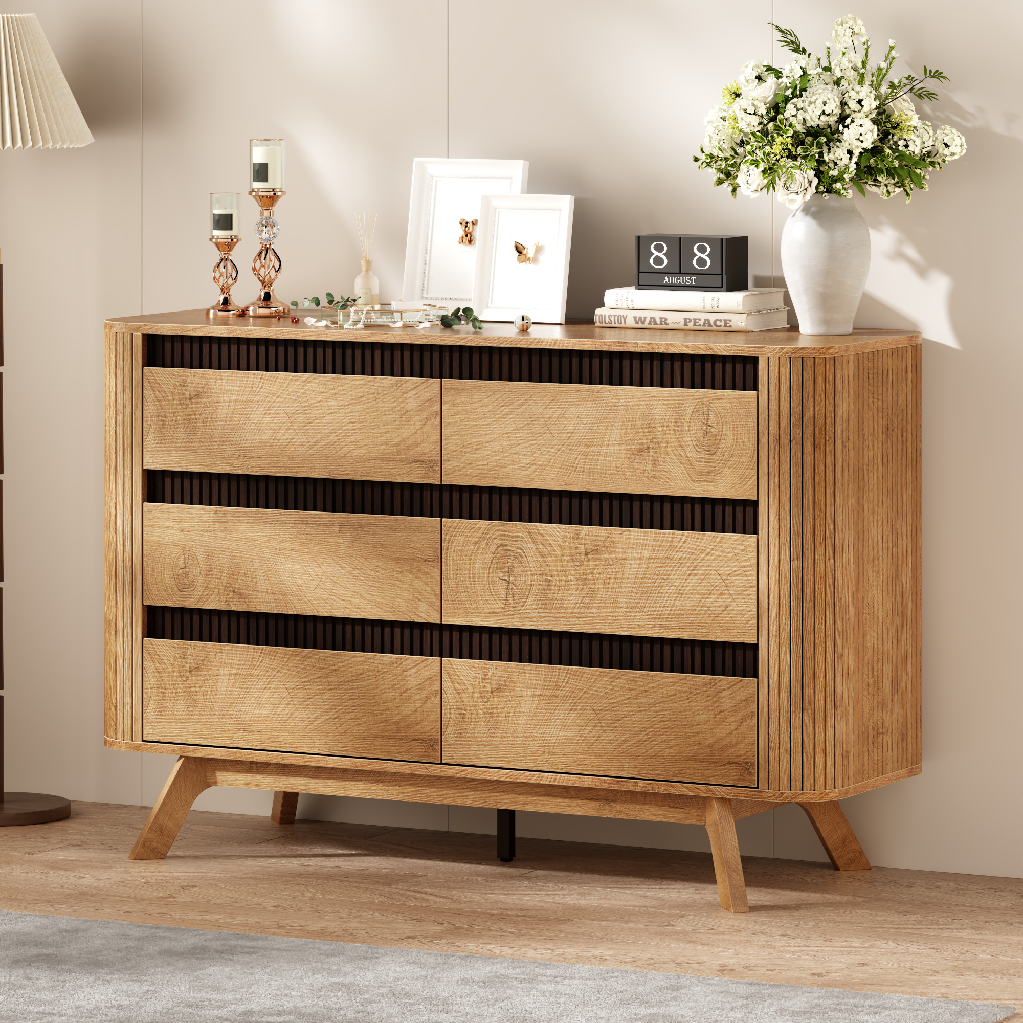 Qwatto 6 Drawer Dresser for Bedroom 47.2" Wide Fluted Chest of Drawers Modern Curved Design Clothes Storage Organizer Hallway Room Natural Oak Finish