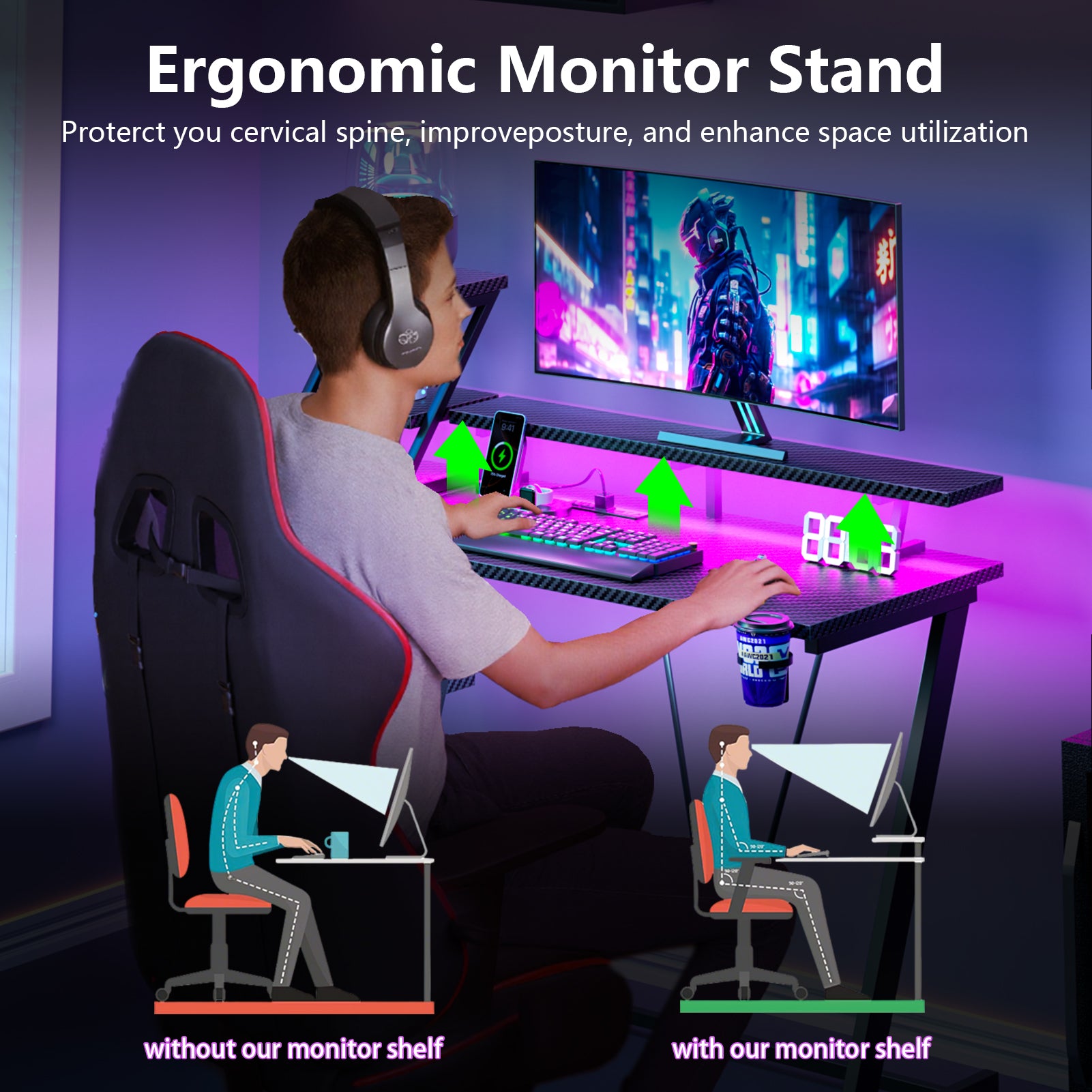 47 inch L Shaped Gaming Desk Black Small Spaces Corner Computer Table with Monitor Stand Storage Shelves Gamer Desk for Home Office PC Setup Station