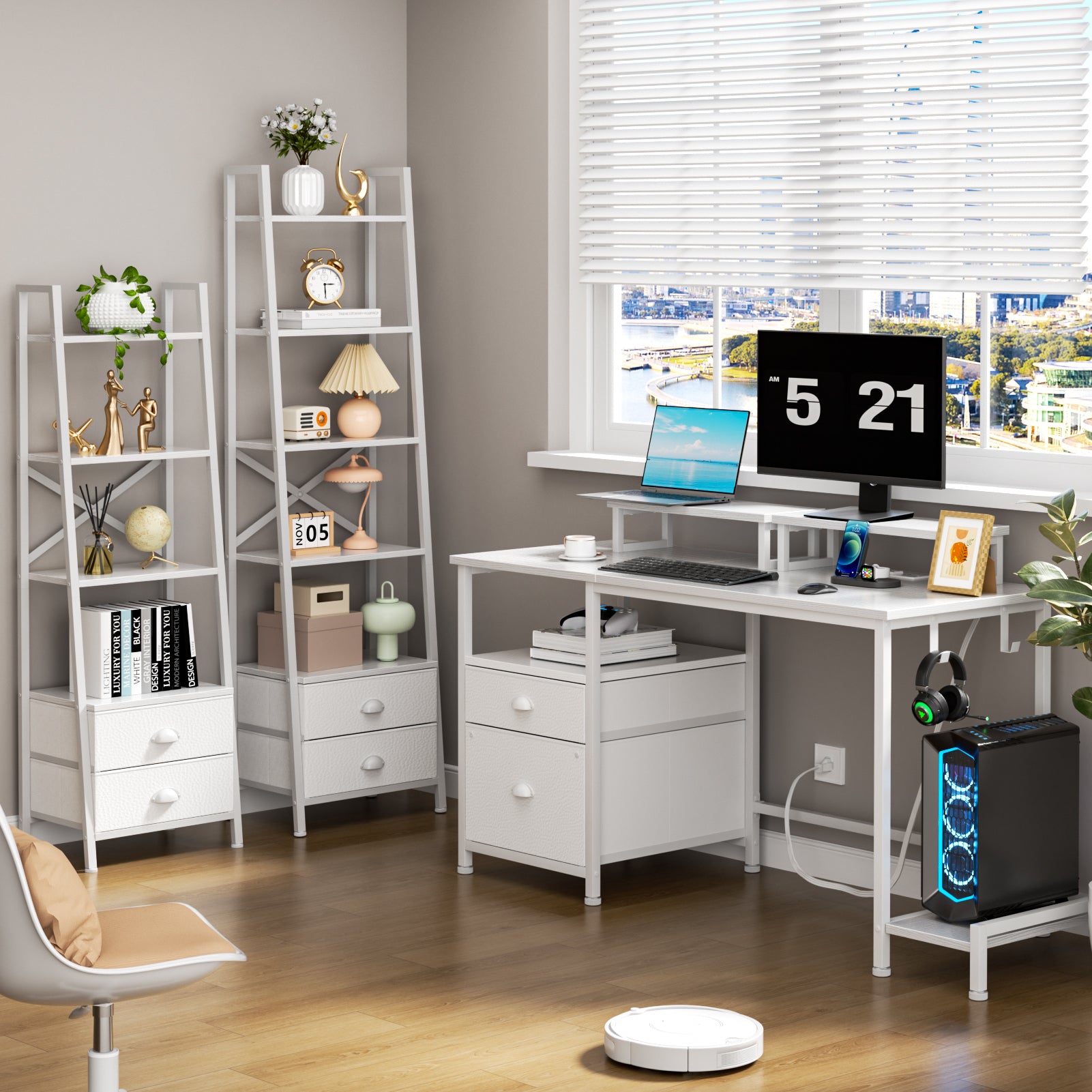 47 Inch White Computer Desk with Charging Station File Cabinet Home Office Gaming Desk 2 Monitor Stands Storage Drawer Shelves Writing Table Bedroom