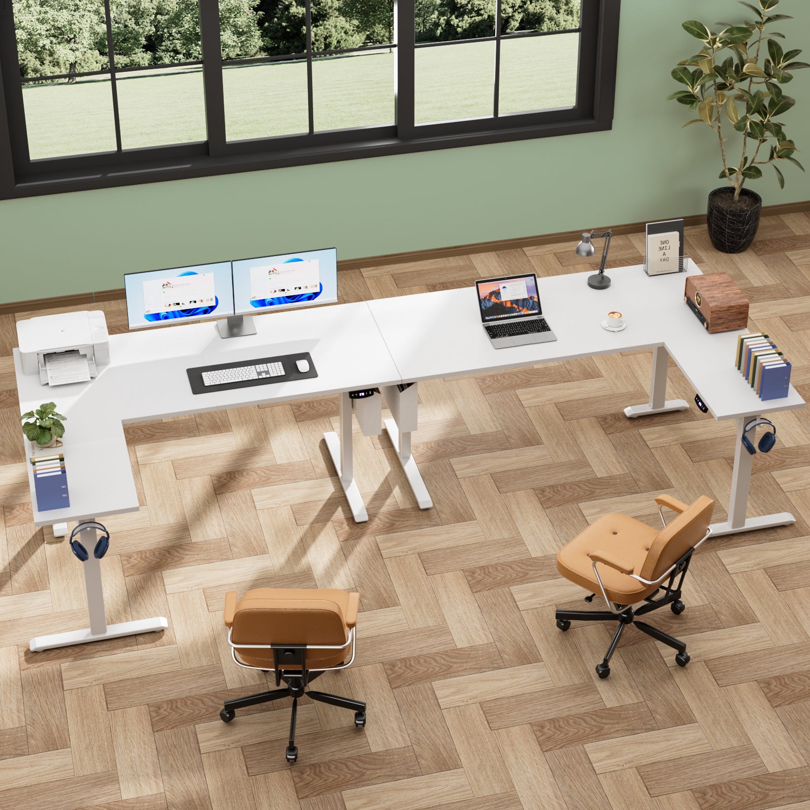 White 63 Inch L Shaped Electric Standing Desk Adjustable Height Sit to Stand Corner Computer Table Reversible Memory Presets Home Office Workstation