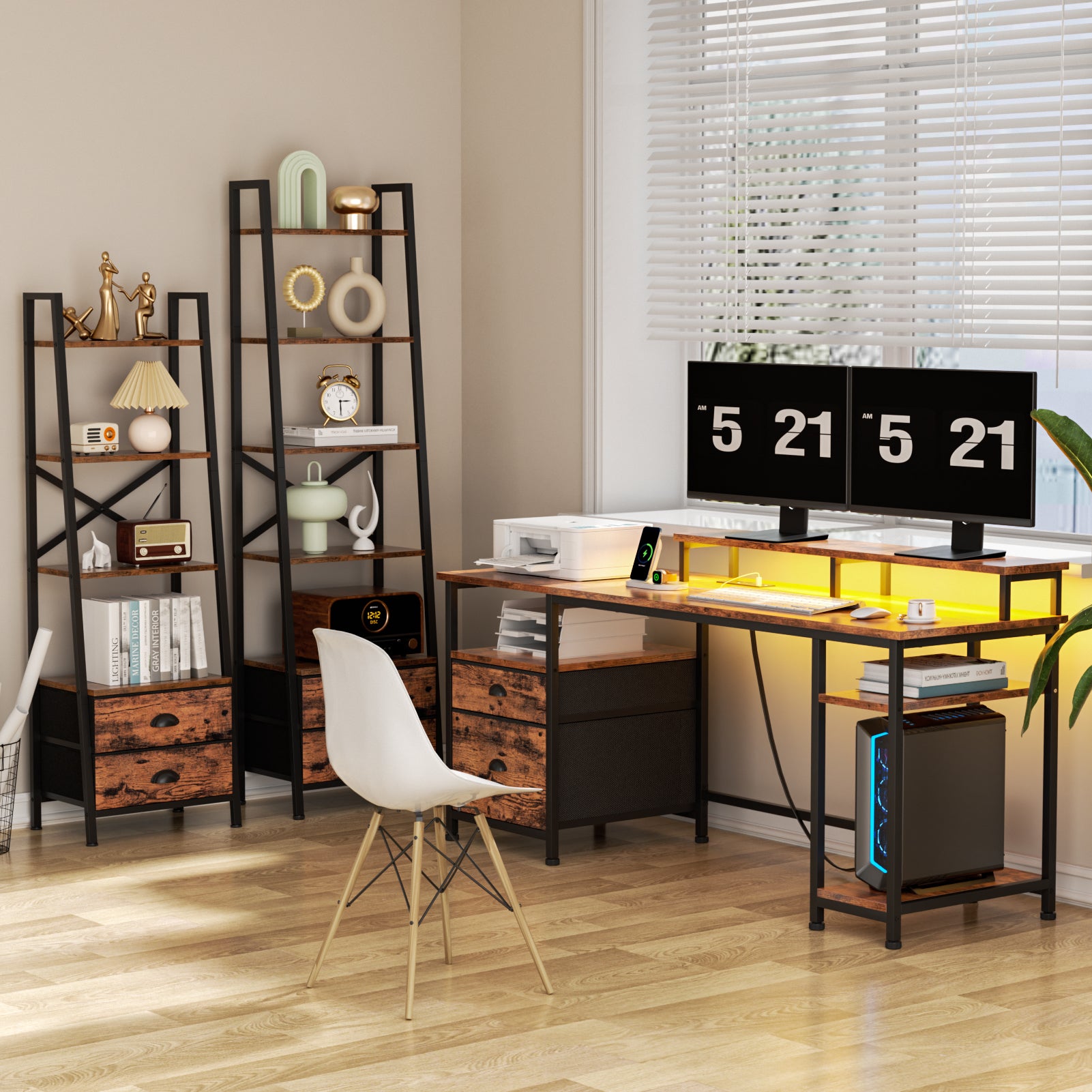 61 Inch Rustic Brown Computer Desk with Charging Station Reversible Gaming Desk LED Lights File Cabinet Monitor Stand Storage Shelves Home Office