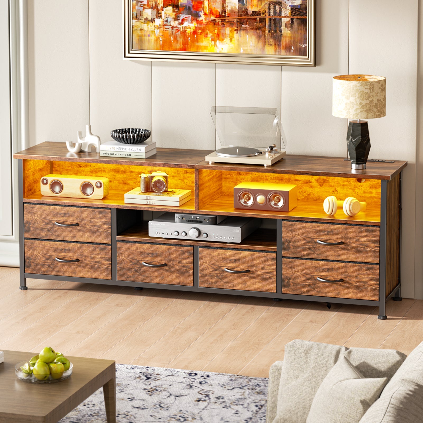 55 Inch Rustic Brown TV Stand Dresser with Charging Station LED Lights 6 Fabric Drawers Entertainment Center for TVs up to 60 Inch Media Console