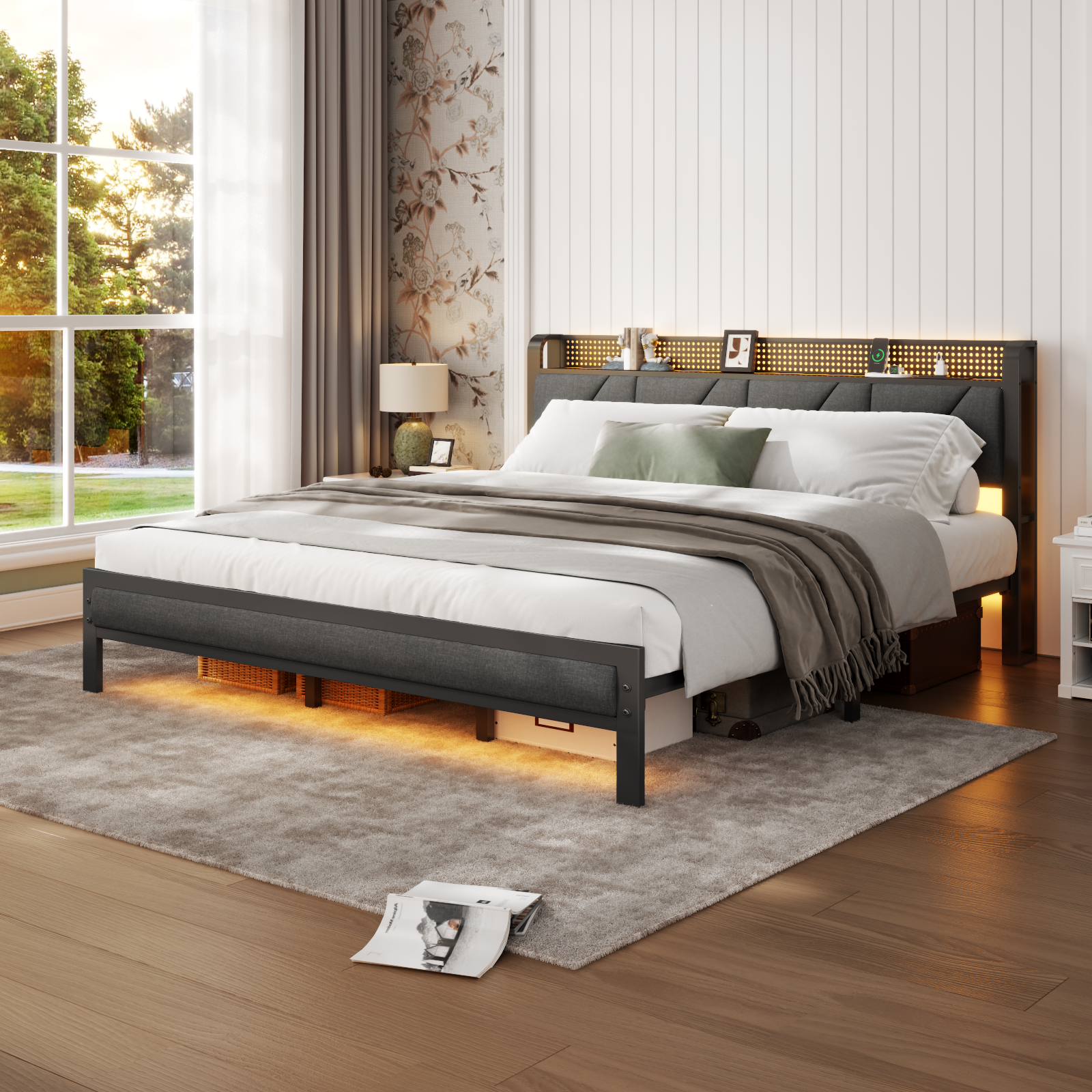 King Size Metal Platform Bed Frame Upholstered Headboard Footboard LED Lights Charging Station Heavy Duty Support No Box Spring Needed USB