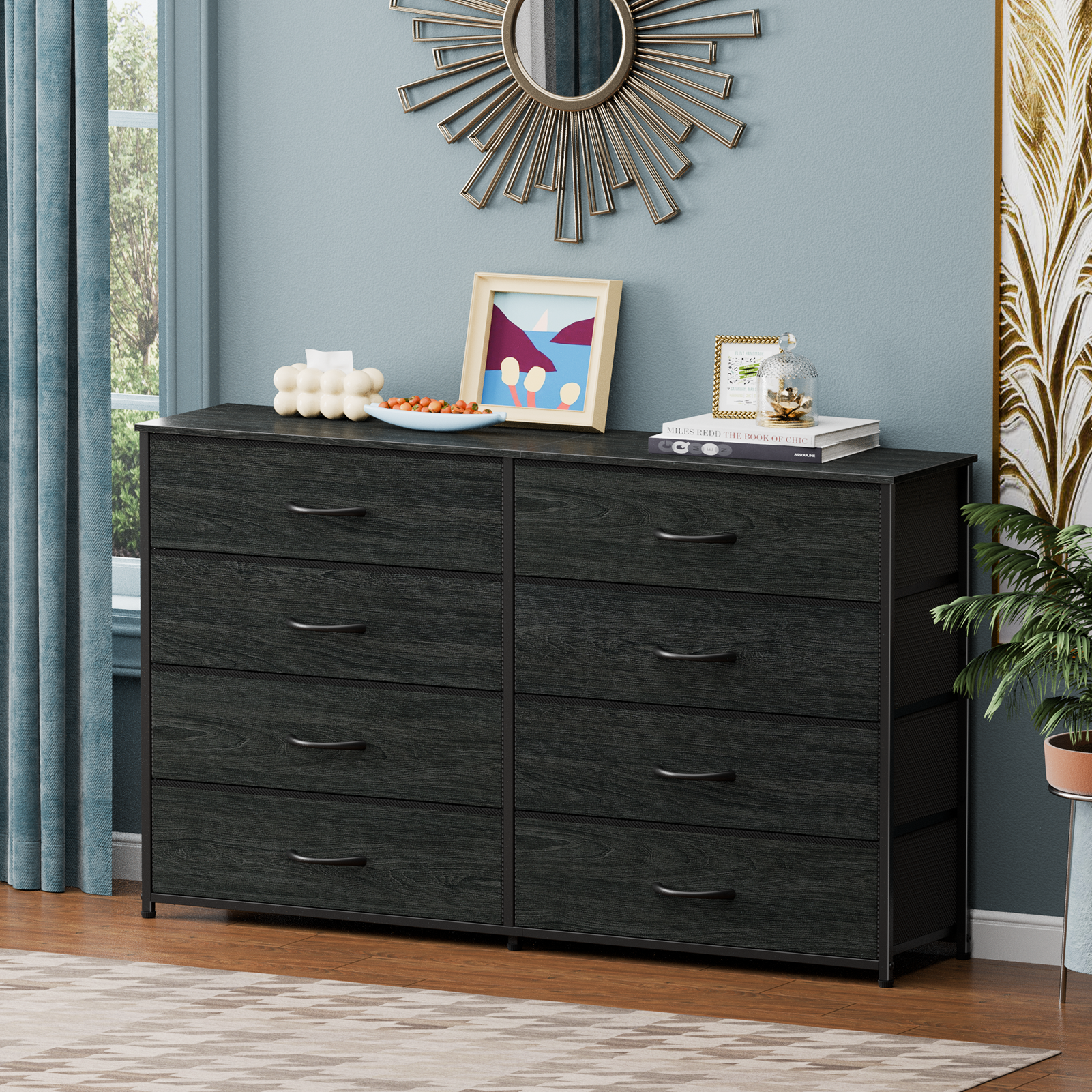 Wide Fabric Dresser for Bedroom 8 Drawer Storage Chest 55 Inch TV Stand Entertainment Center Wood Top Organizer Unit Living Room Hallway Furniture