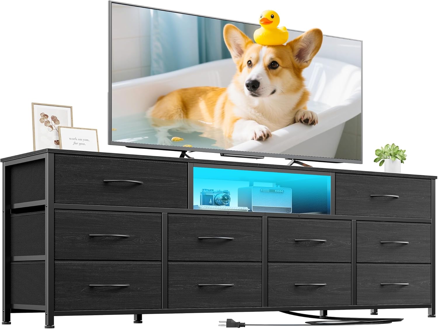 Furnulem 63” Long Dresser TV Stand for 65 to 75 inch TV Black Dresser with 10 Fabric Drawers Chest Closet Center with Power Outlet LED Light