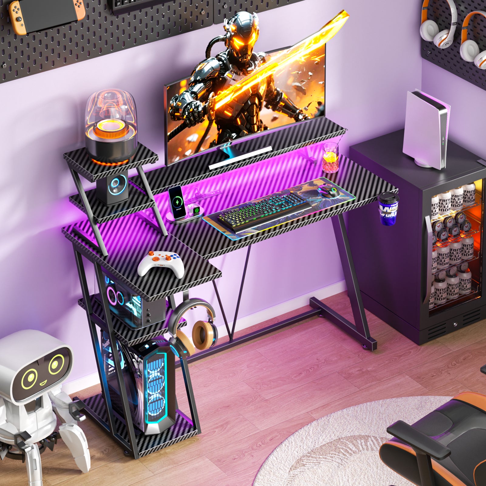 39 inch Black Gaming Desk with LED Lights Power Outlet Small L Shaped Computer Table with Monitor Stand Storage Shelves Modern Gamer Corner Desk Office