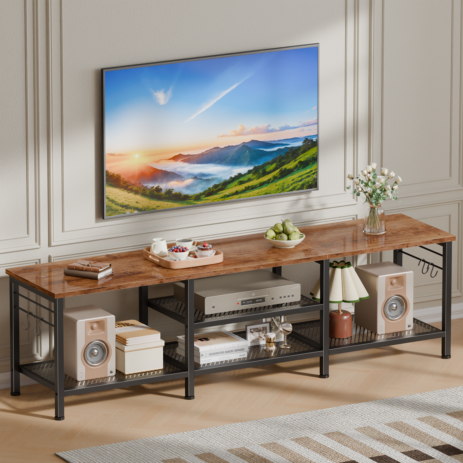 Qwatto 63 Inch Brown TV Stand for TVs up to 70 Inch Media Console Entertainment Center with Soundbar Shelf Open Storage Shelves Living Room Decor