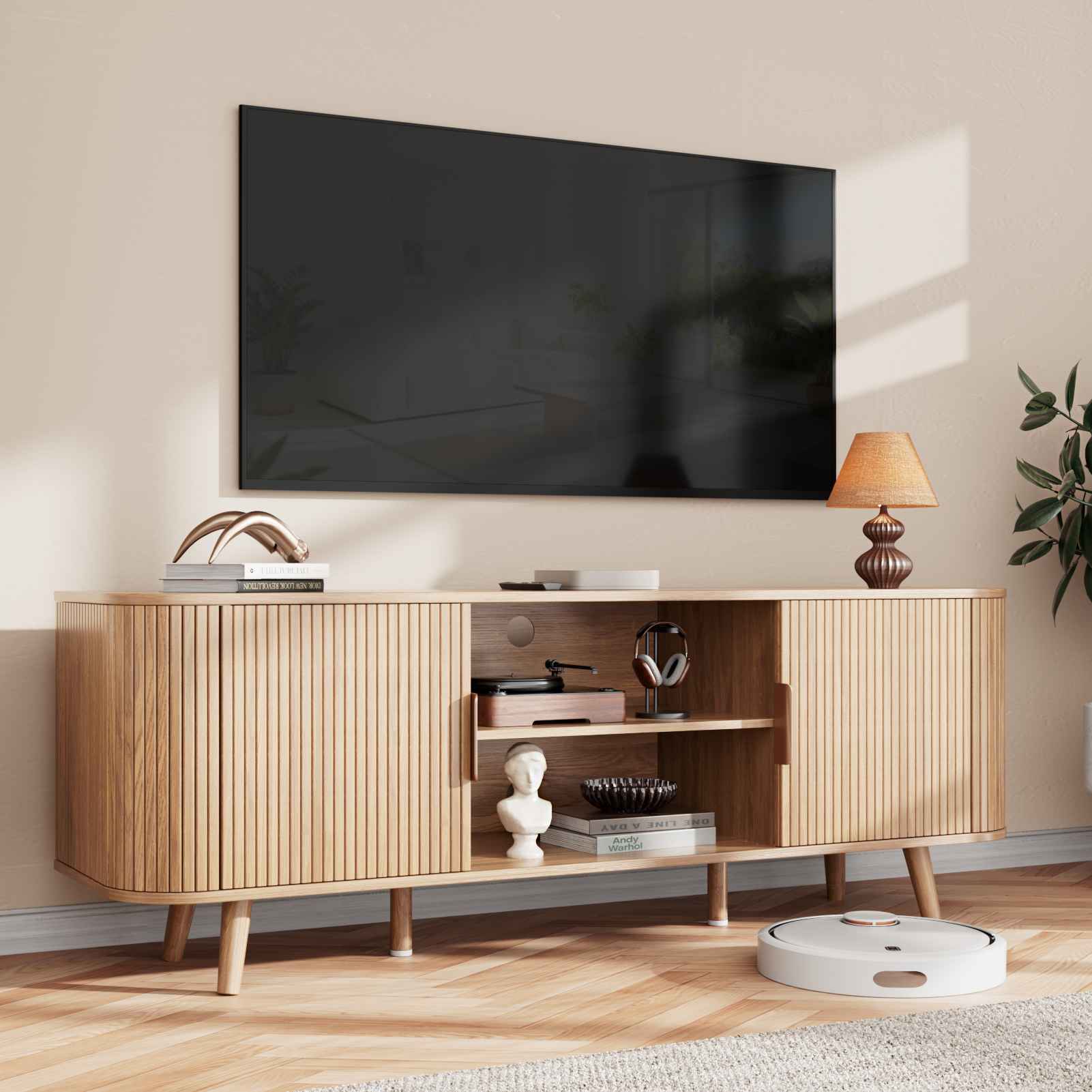55 Inch Tambour Door TV Stand Oak Wood Media Cabinet for 65 Inch TV Arc Curved Edge Design Mid Century Modern Console with Open Shelves