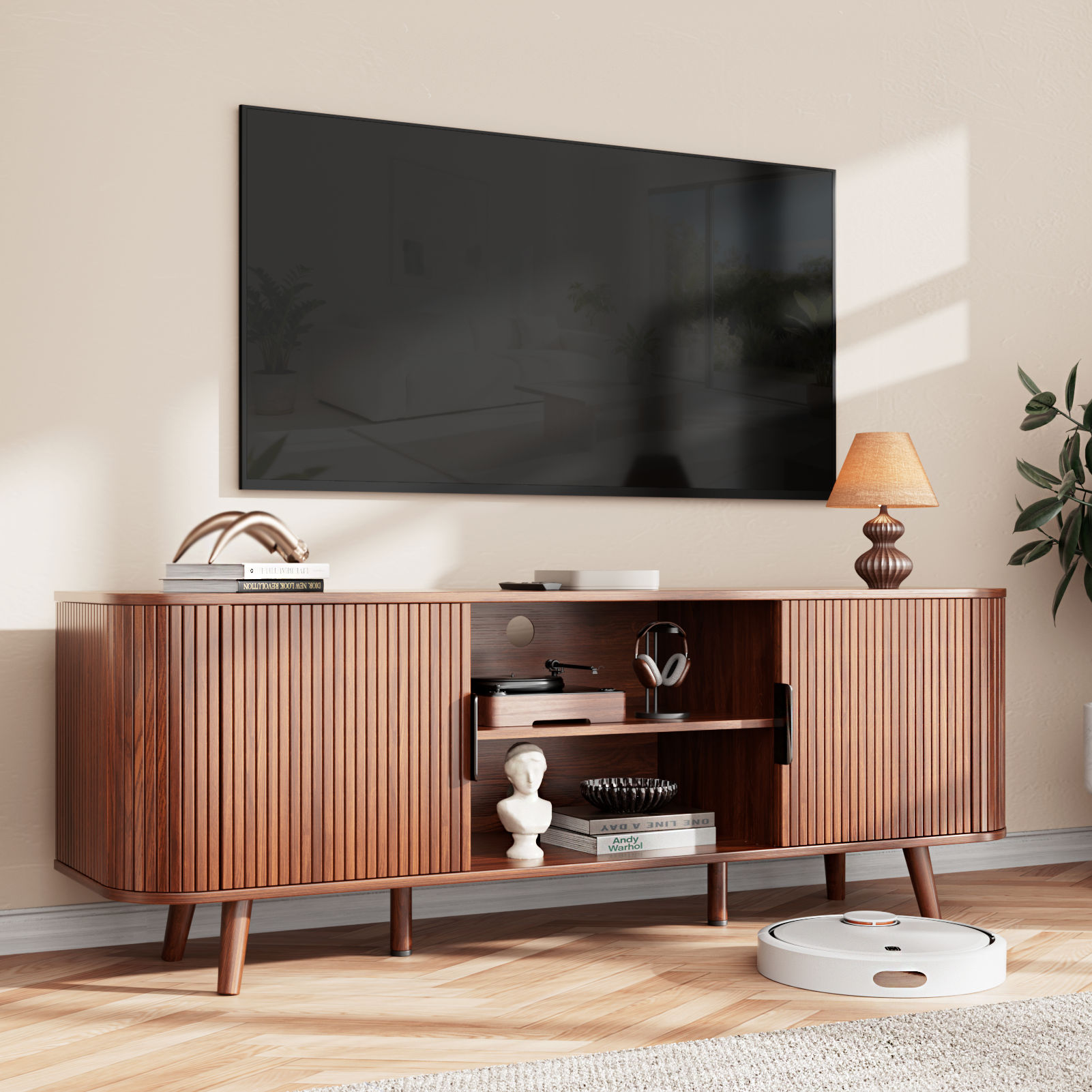 Walnut Entertainment Center for TVs up to 65 Inch Mid Century TV Console with Slatted Doors Large Storage Shelves Modern Wood Media Stand