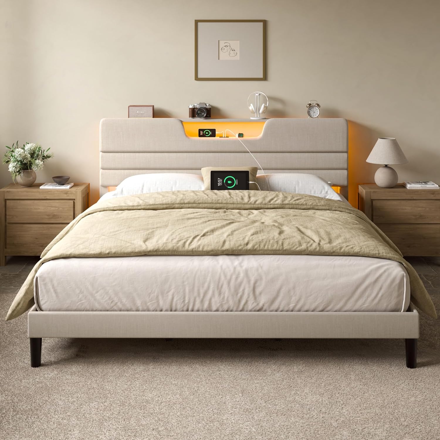 Furnulem King Size Bed Frames with Upholstered Headboard Modern Platform Bed with Charging Station and Led Lights Bed Frame with Sturdy Wooden Slats