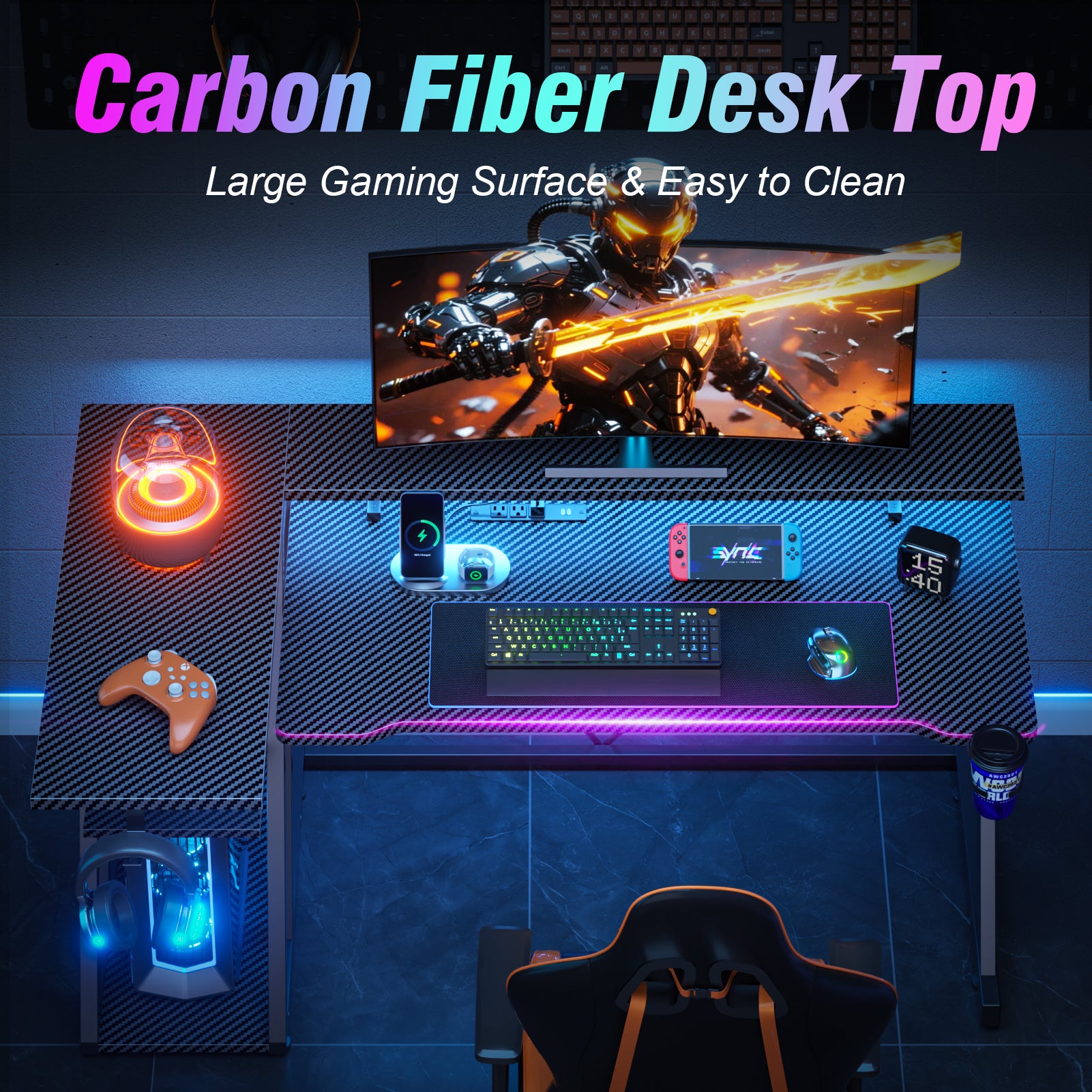 47 inch Black Gaming Desk L Shaped Corner Computer Table with Monitor Stand 3 Tier Storage Shelves Gamer Desk Office Space Saving Workstation for PC