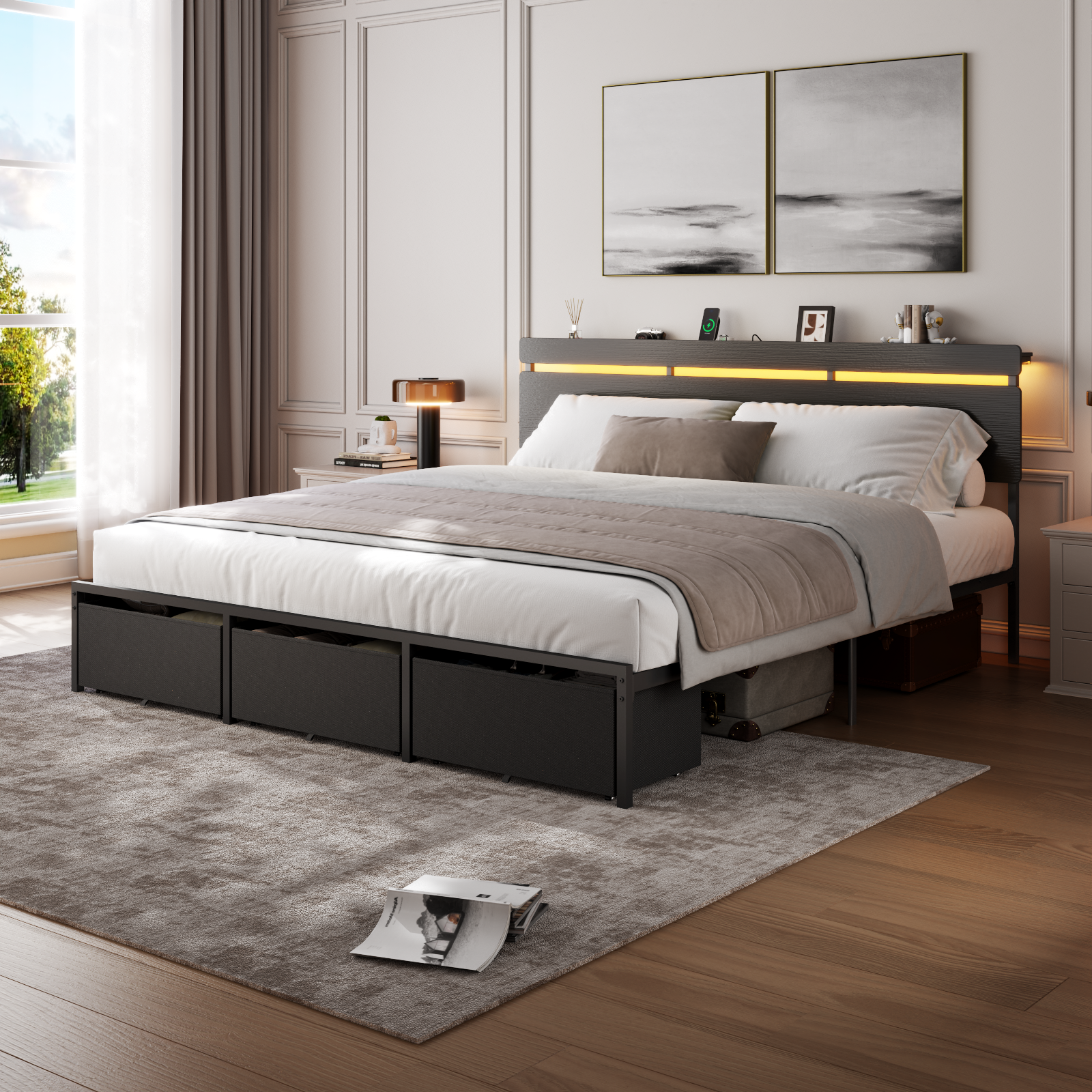Qwatto King Size Platform Bed Frame 3 Storage Drawers LED Lights Charging Station Black Wood Headboard Shelf Heavy Duty Metal No Box Spring Needed