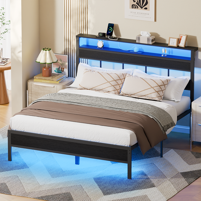 Furnulem Queen Bed Frame with Storage Headboard, LED Lights & Charging Station