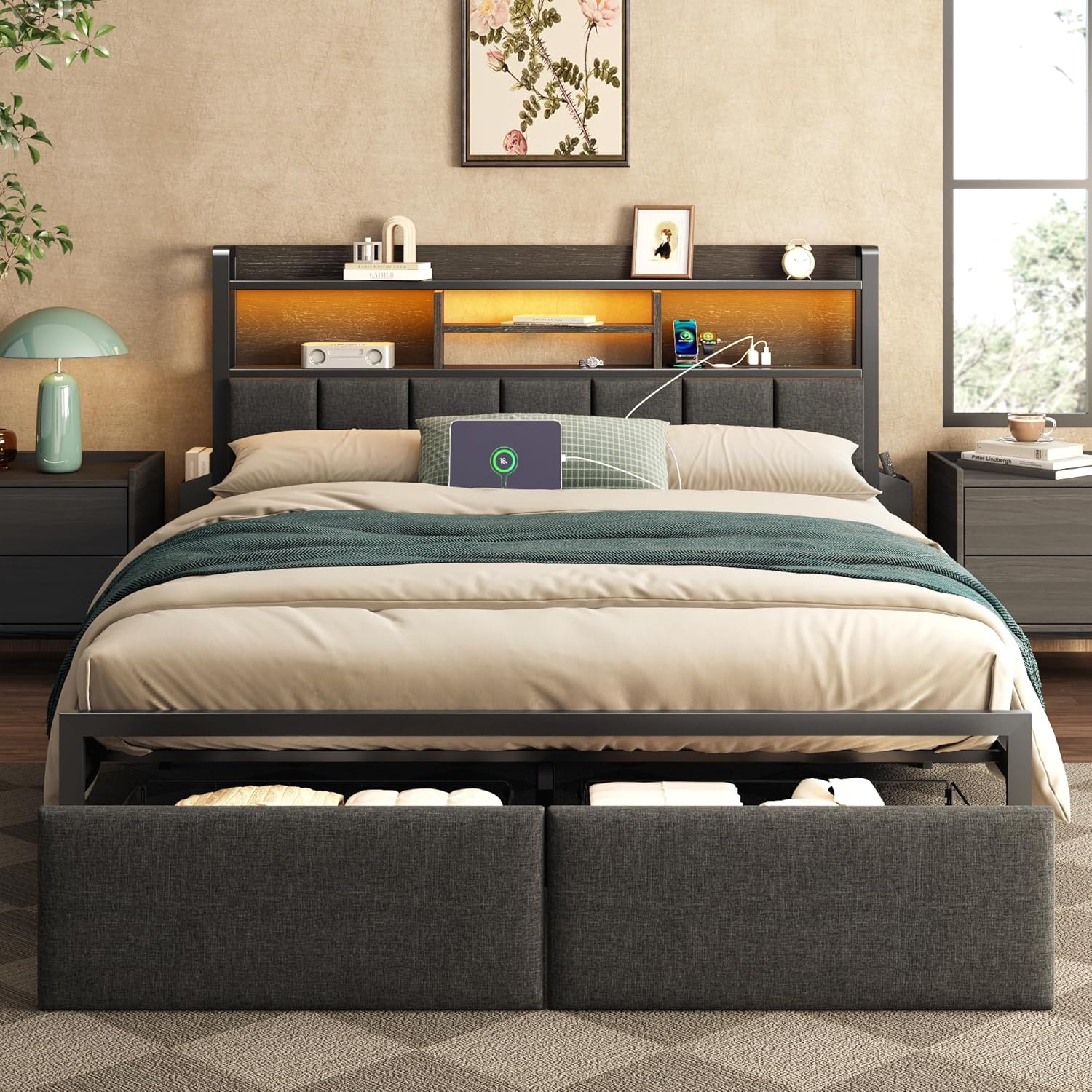 Furnulem Queen Bed Frame with Storage Drawers Upholstered Headboard with Storage Shelf LED Lights and Charging Station Metal Platform Bed Frame