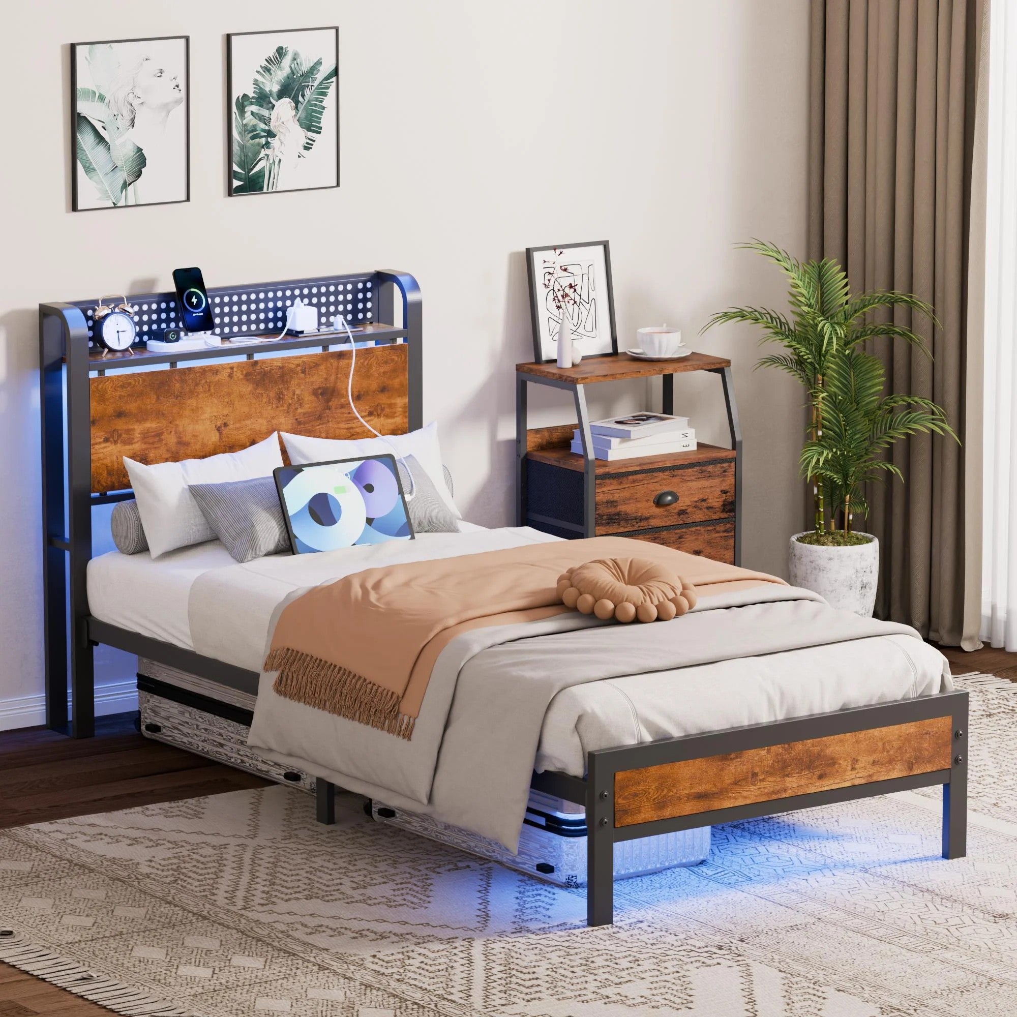 Furnulem Twin Size Bed frame with Wood Storage Headboard,Metal Platform Bed with Under Storage