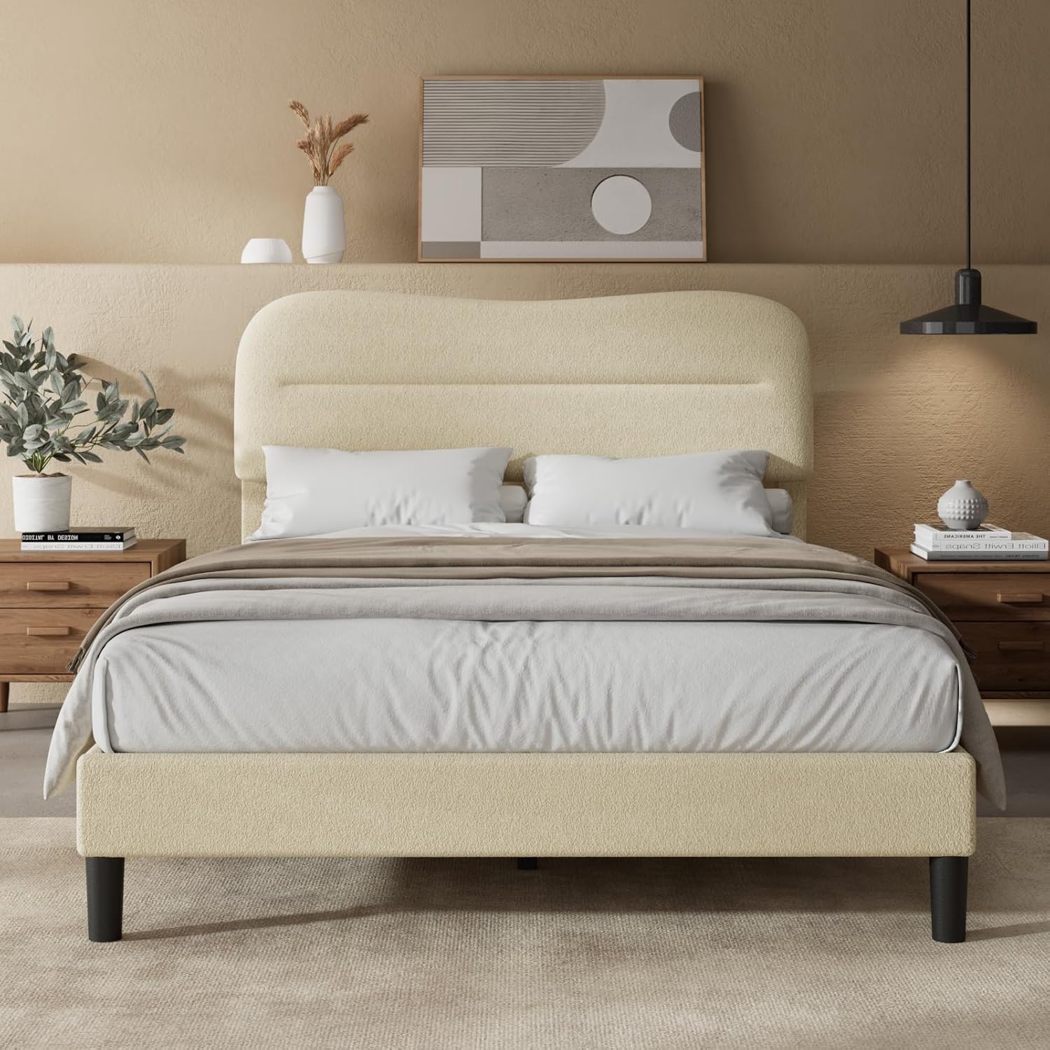 Full Size Bed Frames with Headboard Upholstered Bed Frame Teddy Soft Boucle Fabric bedframes Soft Cloud Marshmallow Shape Upholstered Headboard