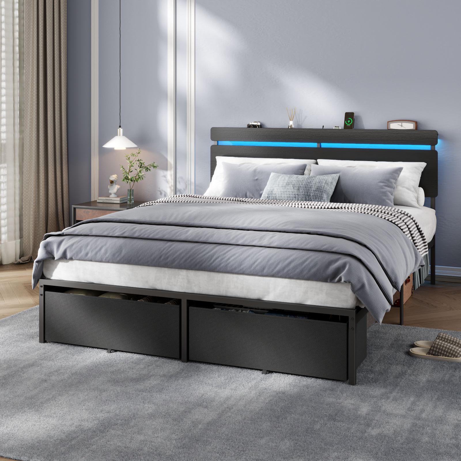 Queen Size Bed Frame with Storage Headboard Shelf 2 Drawers LED Lights Charging Station Industrial Metal Platform Wood No Box Spring Needed