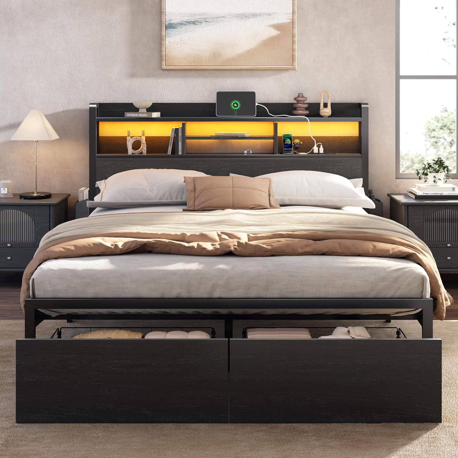 Furnulem Queen Bed Frame with Wood Headboard and Storage Shelf Metal Platform Bed Frame Queen Size with Storage Drawers No Box Spring Needed Black