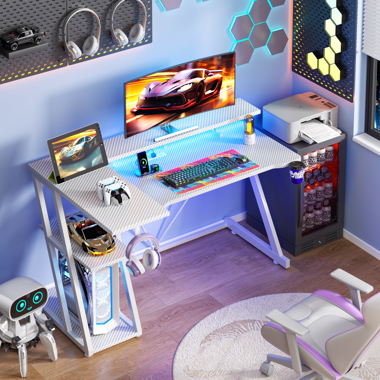 47 inch White Gaming Desk L Shaped Corner Computer Table with Monitor Stand 3 Tier Storage Shelves Bedroom Study Home Office PC Setup Sturdy Work Desk