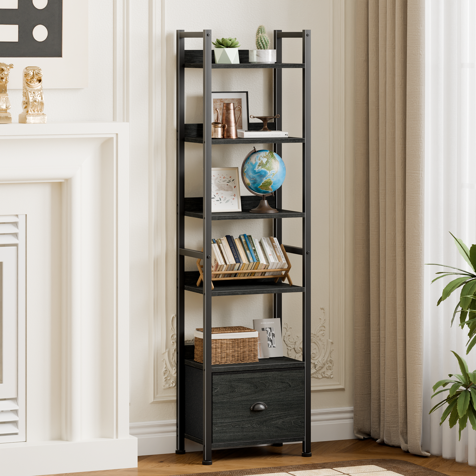 Qwatto Black 6 Tier Bookshelf with Drawer Tall Industrial Wood Metal Freestanding Storage Display Shelves Etagere Bookcase Organizer for Home Office