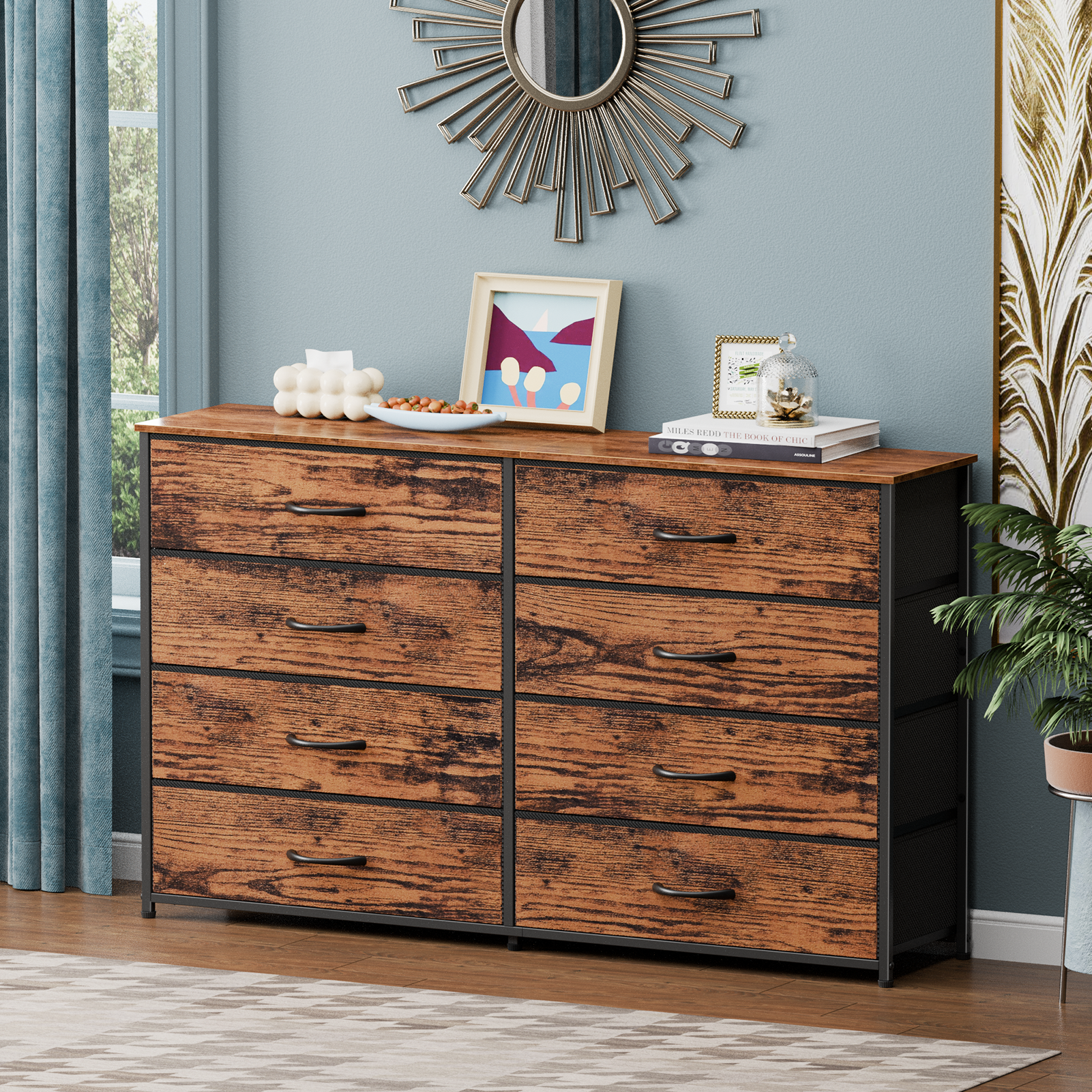 8 Drawer Dresser Wide Storage Chest of Drawers for Bedroom Closet Organizer Fabric Bins 55 Inch TV Stand Wood Top Furniture Unit Hallway Nursery