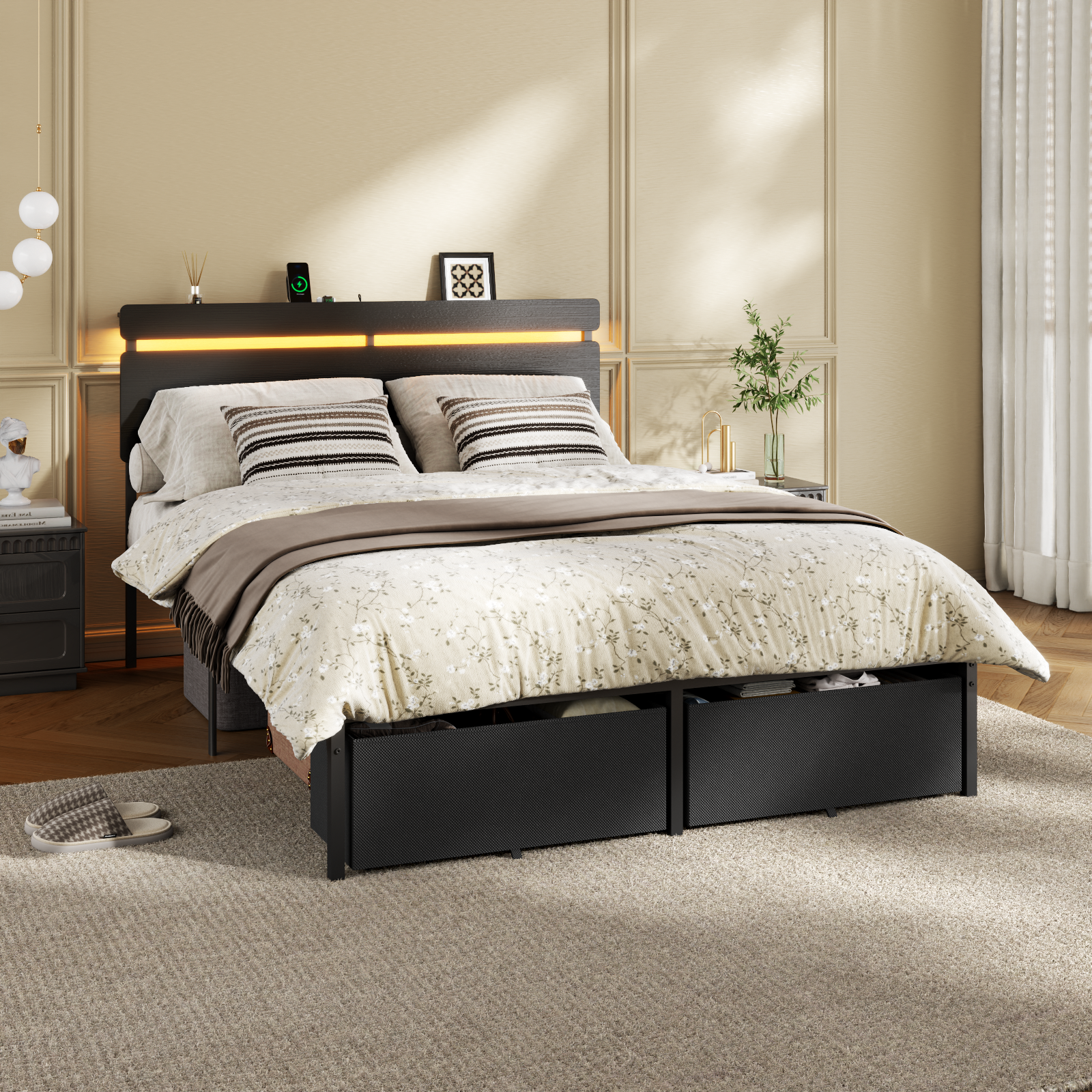 Full Size Bed Frame with Wood Headboard Black Platform Bed with 2 Storage Drawers Shelf Built in Charging Station LED Lights No Box Spring Needed