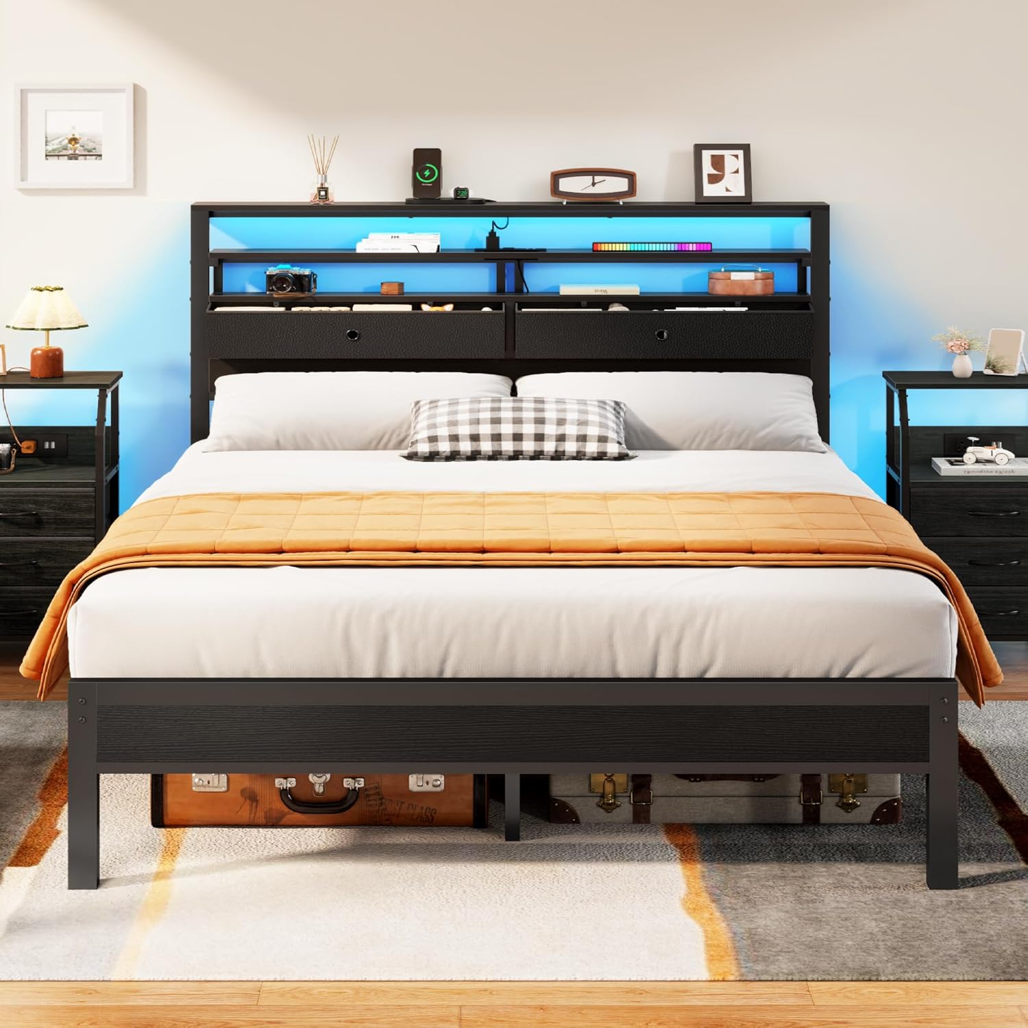 Furnulem Full Size Bed Frame with Headboard 2 Fabric Drawers Bed Featuring LED Lights Built-in Charging Station Storage Shelves No Box Spring Needed