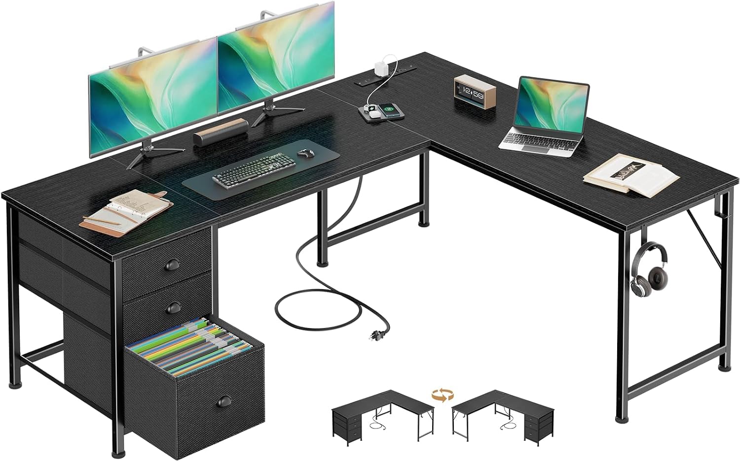 Qwatto 63 Inch L Shaped Gaming Desk Black Computer Corner Table with Power Outlets USB C Ports File Fabric Drawers Large Storage for Writing Bedrooms