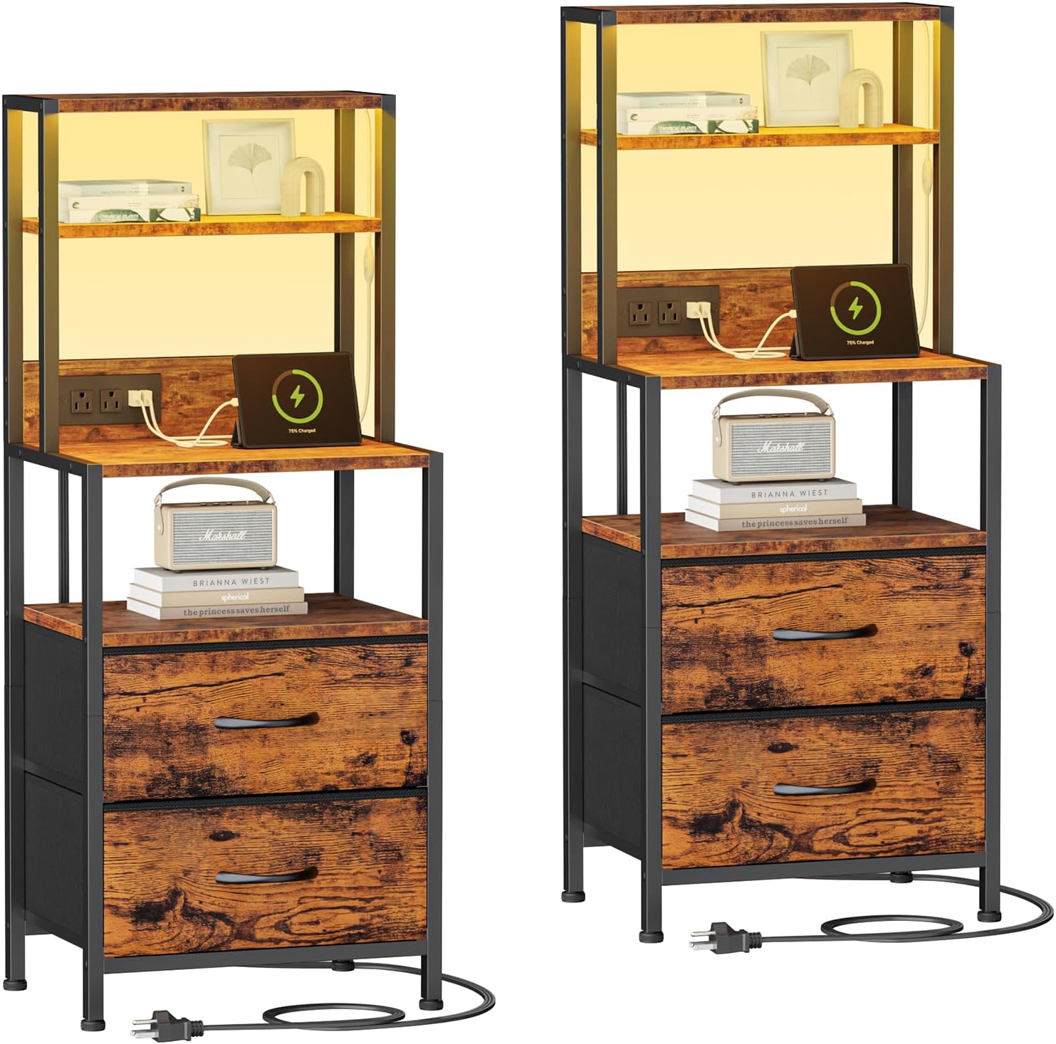 Furnulem Nightstands Set of 2, Tall Night Stand Set with Charger Station, 2 Fabric Drawers and Light Tube, Bedside End Table with 4-Tier Shelves, Bed Side Tables for Bedroom, Office, Rustic Brown