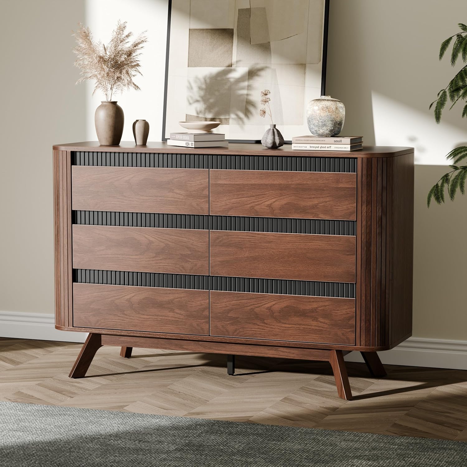 Qwatto 6 Drawer Walnut Dresser for Bedroom 47.2" Wide Fluted Chest of Drawers Modern Curved Design Clothes Storage Organizer Hallway Dark Wood Finish