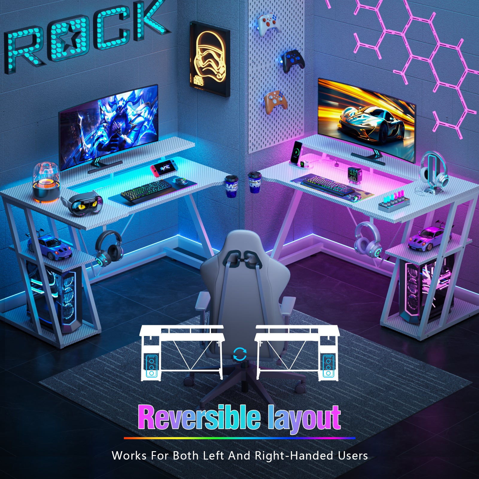 47 inch White Gaming Desk L Shaped Corner Computer Table with Monitor Stand 3 Tier Storage Shelves Bedroom Study Home Office PC Setup Sturdy Work Desk
