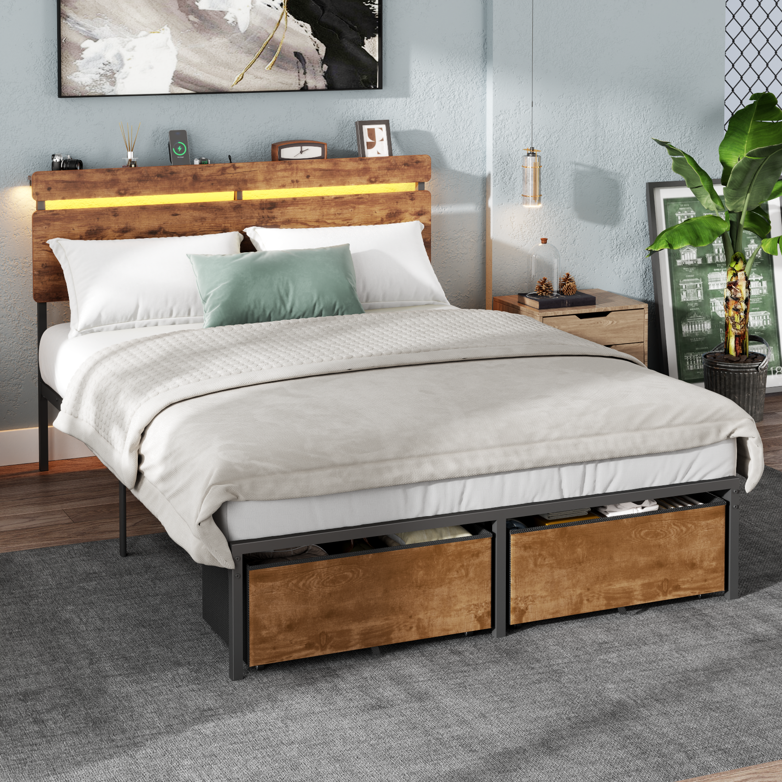 Full Size Bed Frame with Wood Headboard Metal Platform Bed with 2 Storage Drawers Shelf Built in Charging Station LED Lights No Box Spring Needed