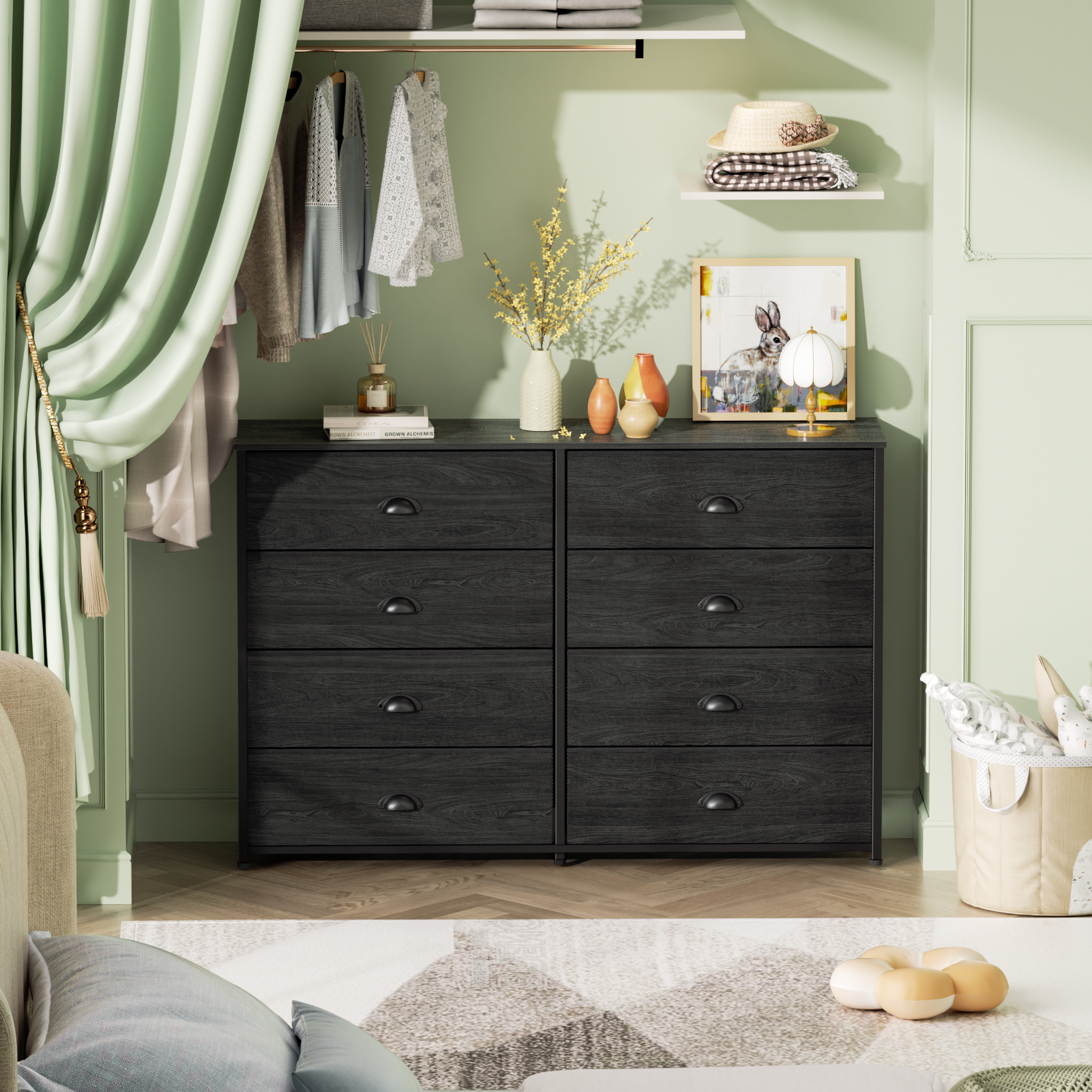 Long Double Dresser 8 Fabric Drawers TV Stand for 55 Inch TV Wide Storage Chest Media Console Organizer for Bedroom Closet Nursery Wood Top