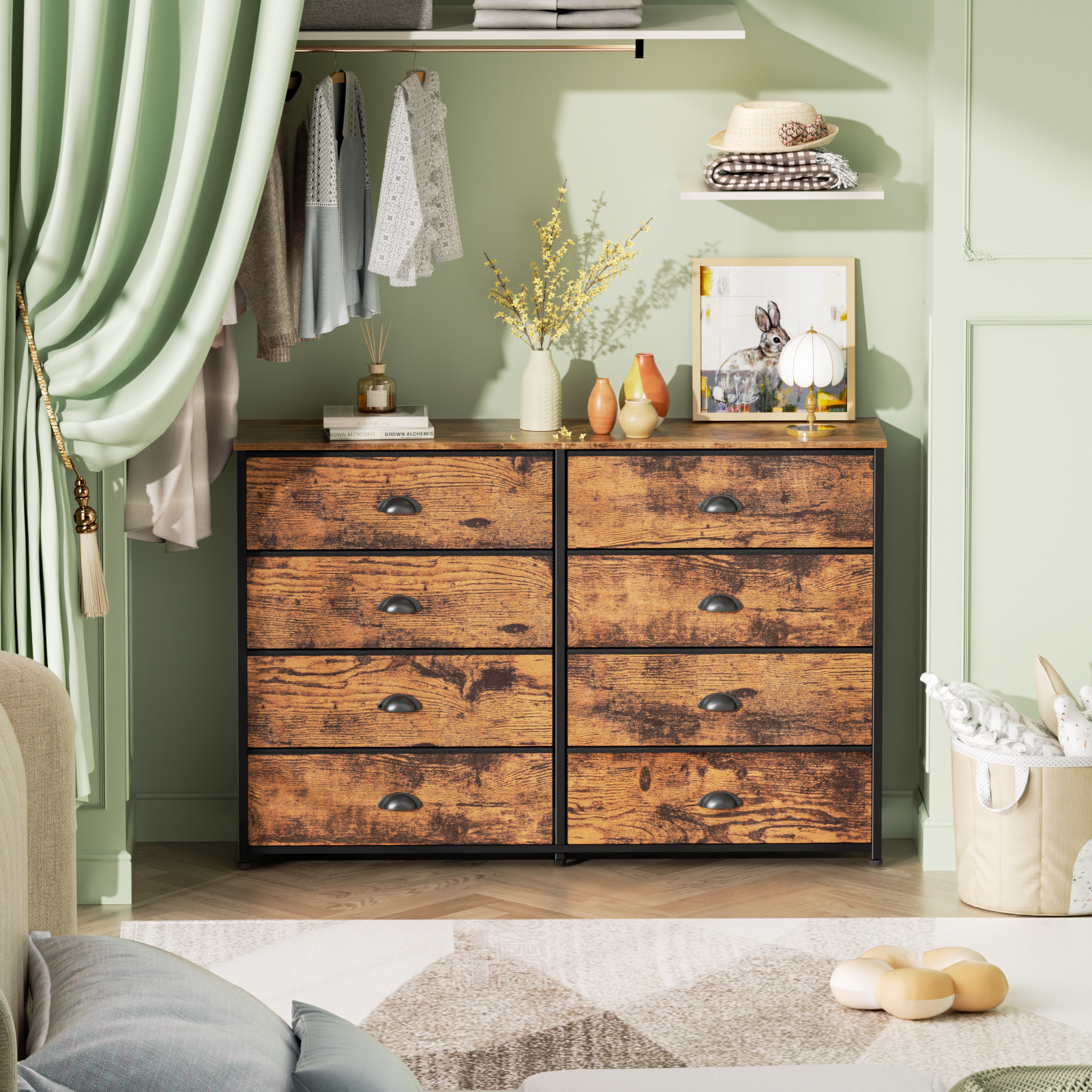 8 Drawer Entertainment Center TV Stand for 55 Inch TV Wide Dresser for Bedroom Fabric Storage Chest Media Console Organizer Unit Closet Office