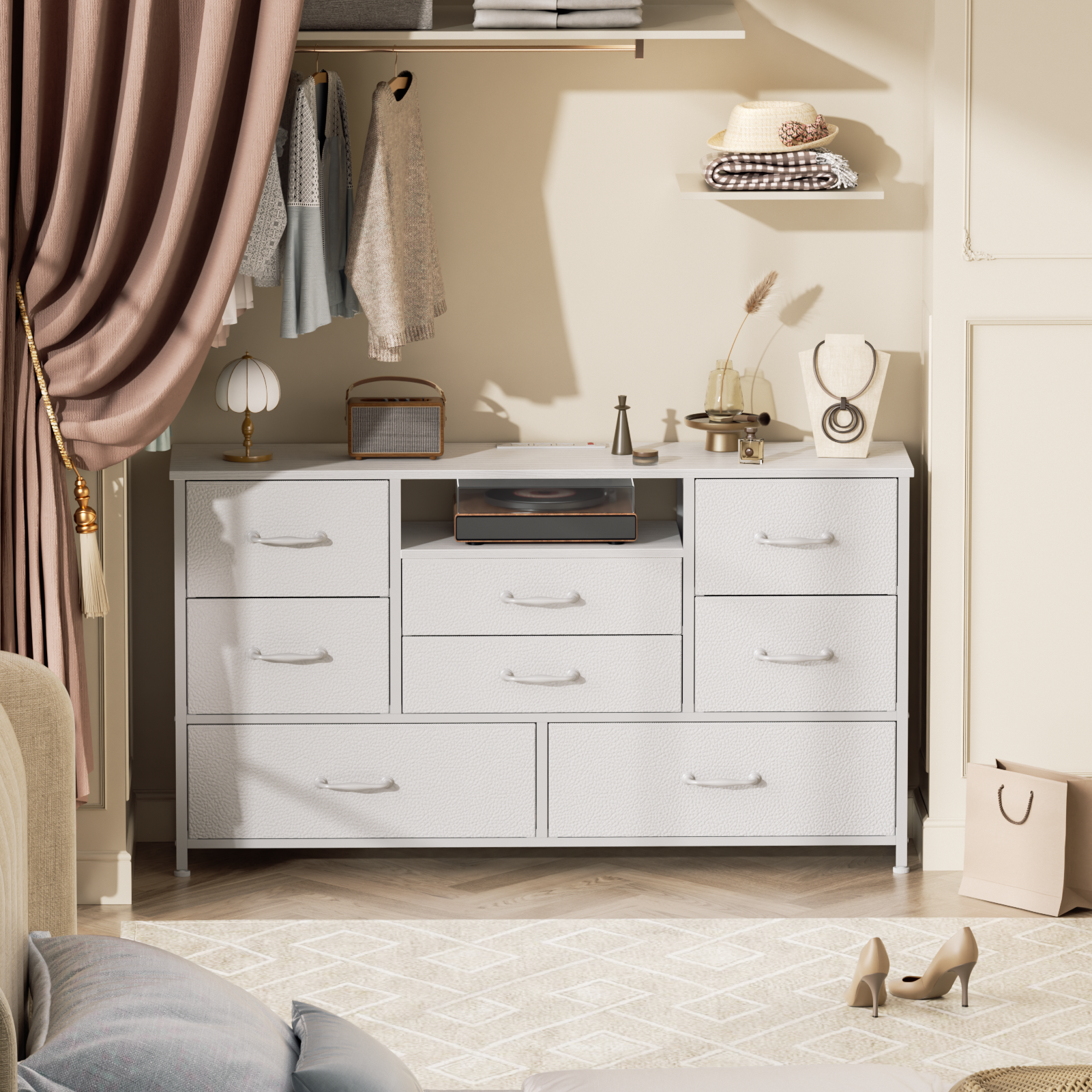 White 8 Drawer Dresser with Charging Station TV Stand for 50 Inch TV Open Shelves Fabric Storage Chest Media Console Bedroom Organizer