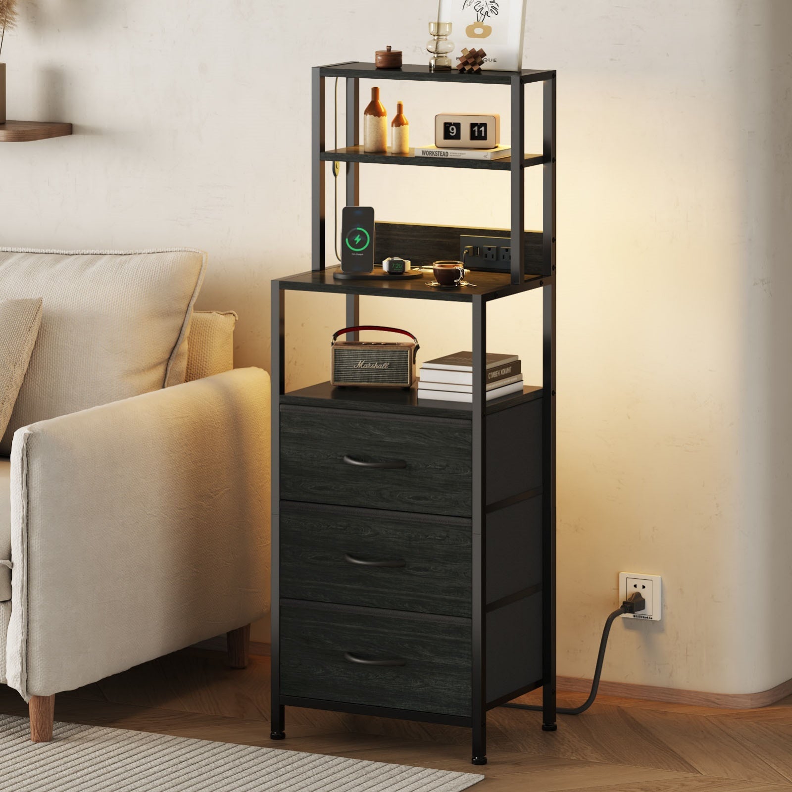 Furnulem Night Stand, Tall Nightstand with 4-Tier Shelves and 3 Fabric Drawers