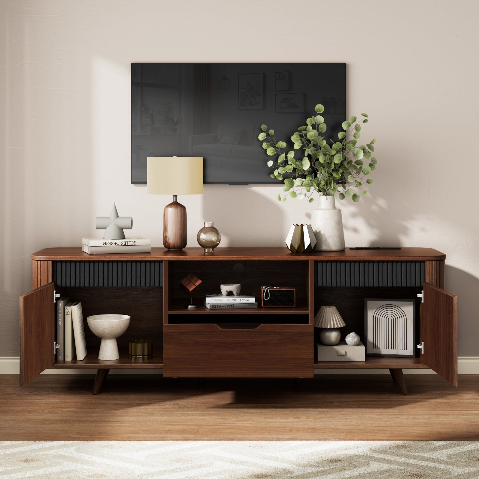 55-in TV Stand with Storage for TVs up to 65-in With Drawer slides Tambour Media Console With Charging Station Shelves Cable Management Wood Legs walnut