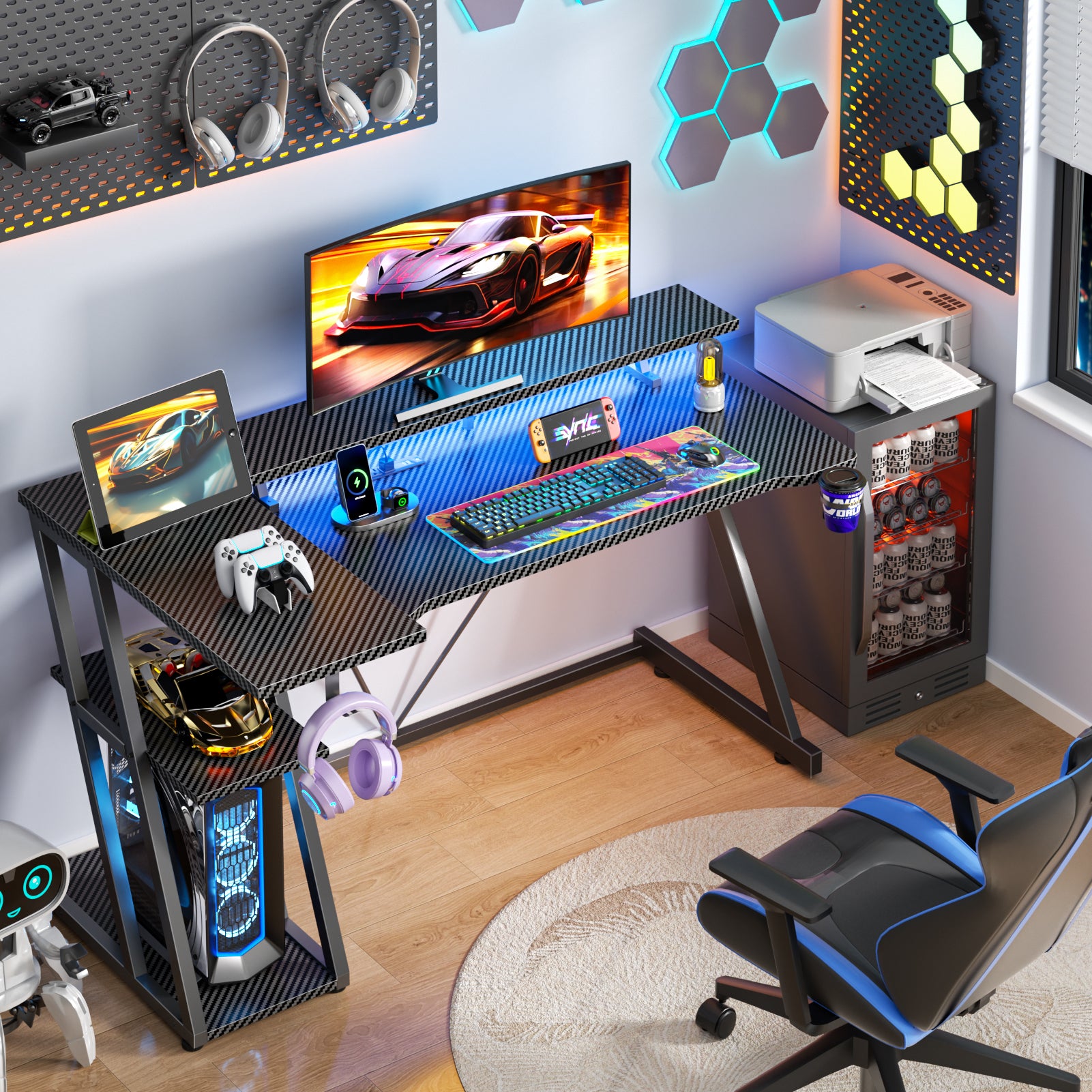 55 inch L Shaped Corner Gaming Desk Black Computer Table with Monitor Stand 3 Tier Storage Shelves Modern Gamer Desk Home Office PC Room Workstation