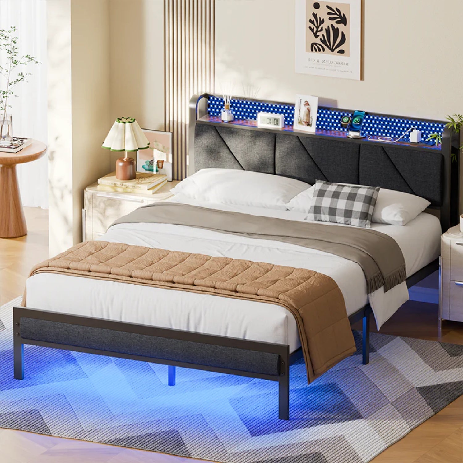 Furnulem LED Bed Frame with Upholstered Headboard and Charging Station