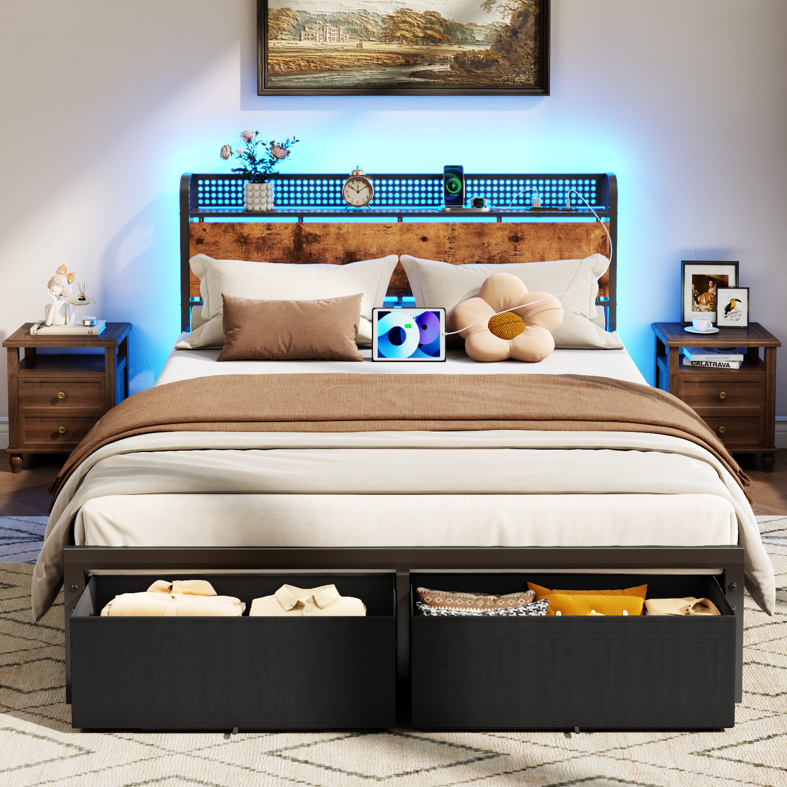 Furnulem Full Size Bed Frame with Headboard Storage Platform Bed Frame Full Size Charging Station and LED Lights