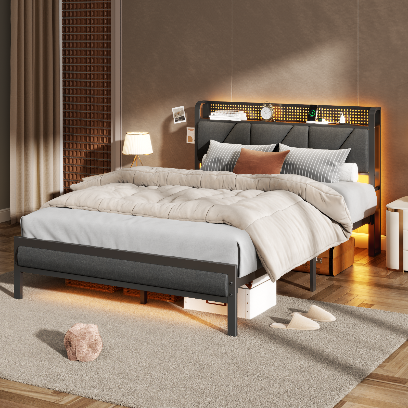 Furnulem Full Bed Frame with LED Lights,Headboard with Charging Station and USB Port,Upholstered Platform Bedframe Metal Support,No Box Spring Needed