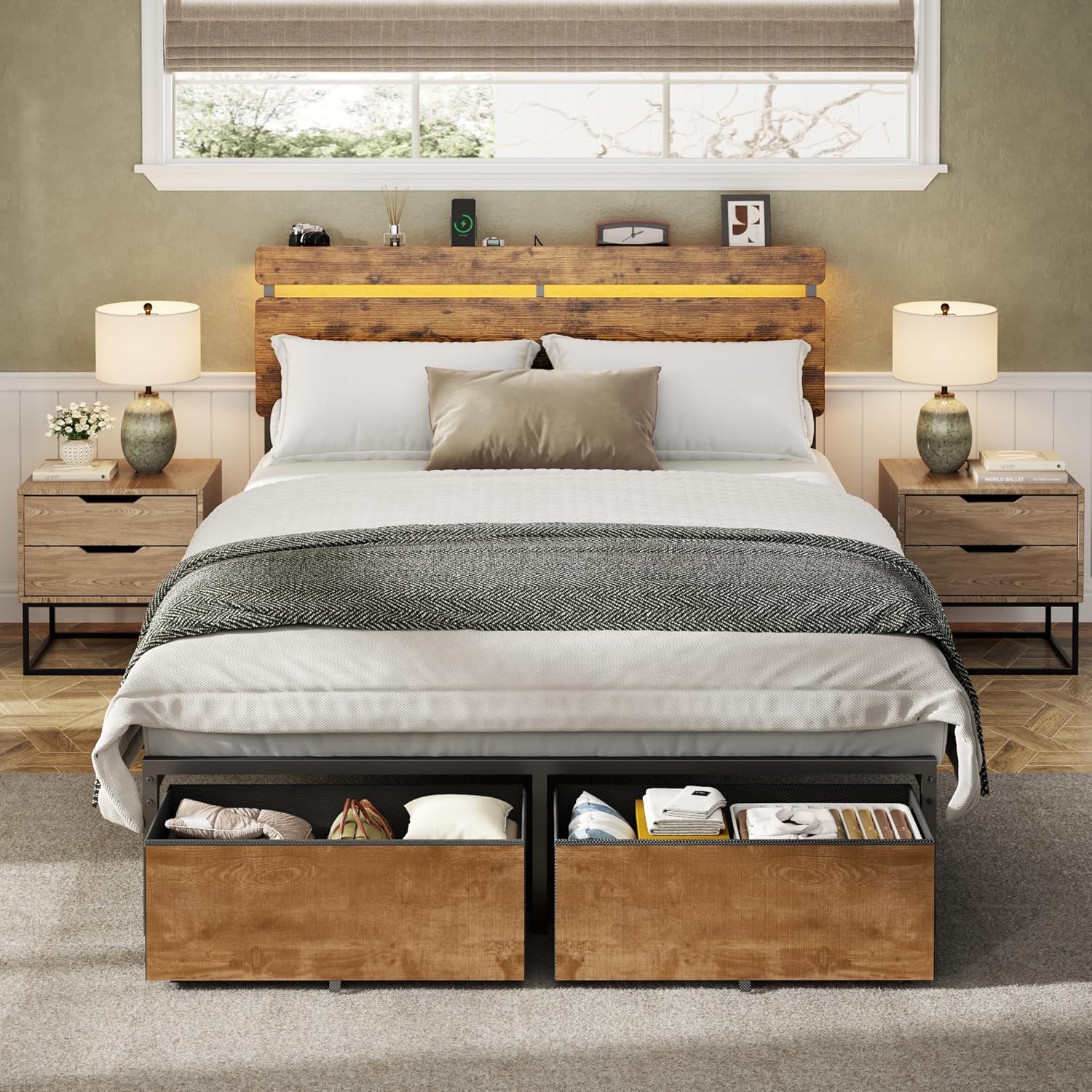 Full Size Bed Frame with Wood Headboard Metal Platform Bed with 2 Storage Drawers Shelf Built in Charging Station LED Lights No Box Spring Needed