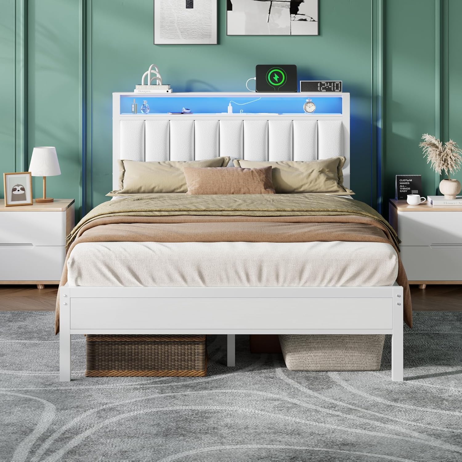Furnulem White Full Size Bed Frame with Charging Station Led Lights, Pu Leather Upholstered Headboard W/ 2-Tier Storage Shelves No Box Spring Needed